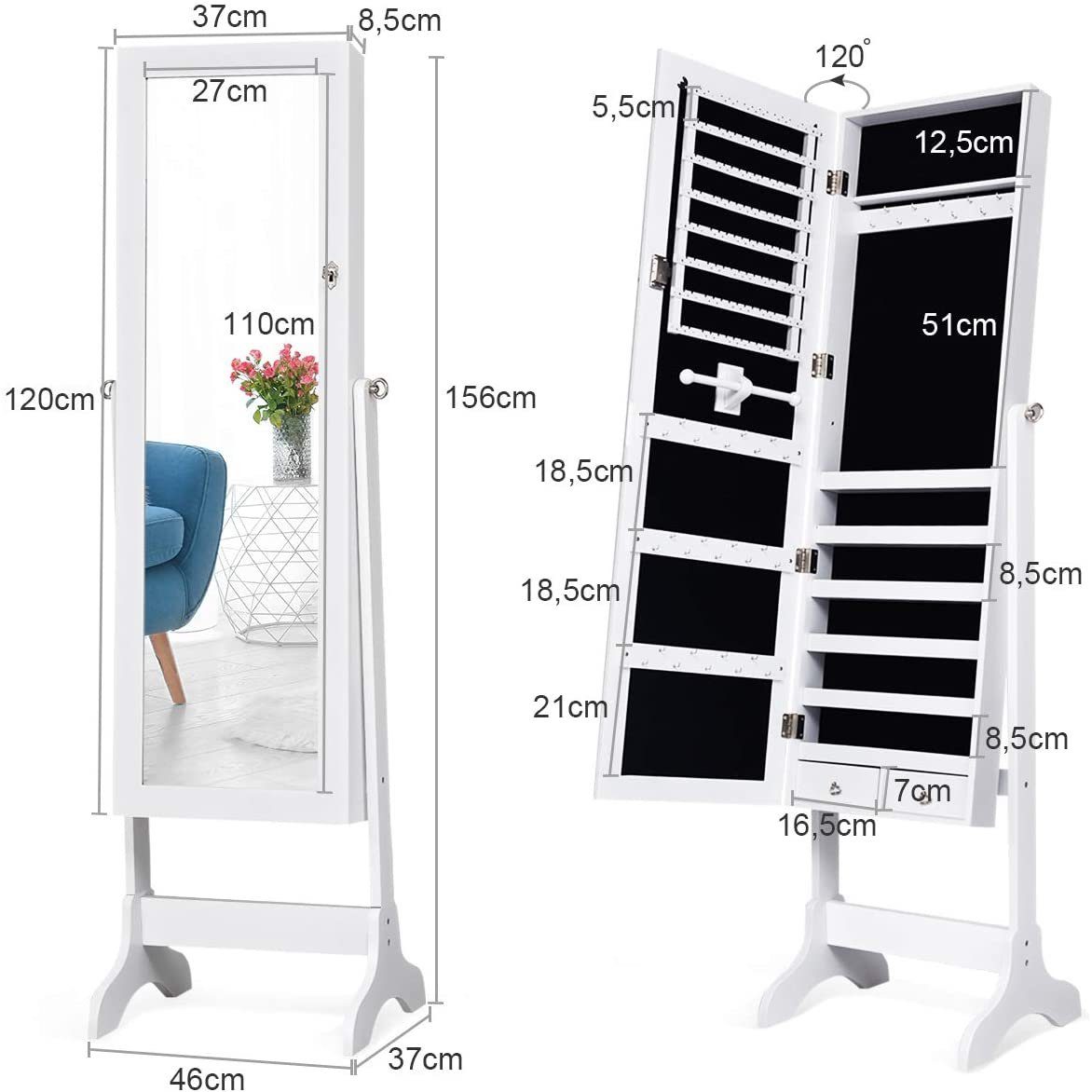 COSTWAY Schmuckschrank stehend, mit Spiegel&Schubladen, abschließbar