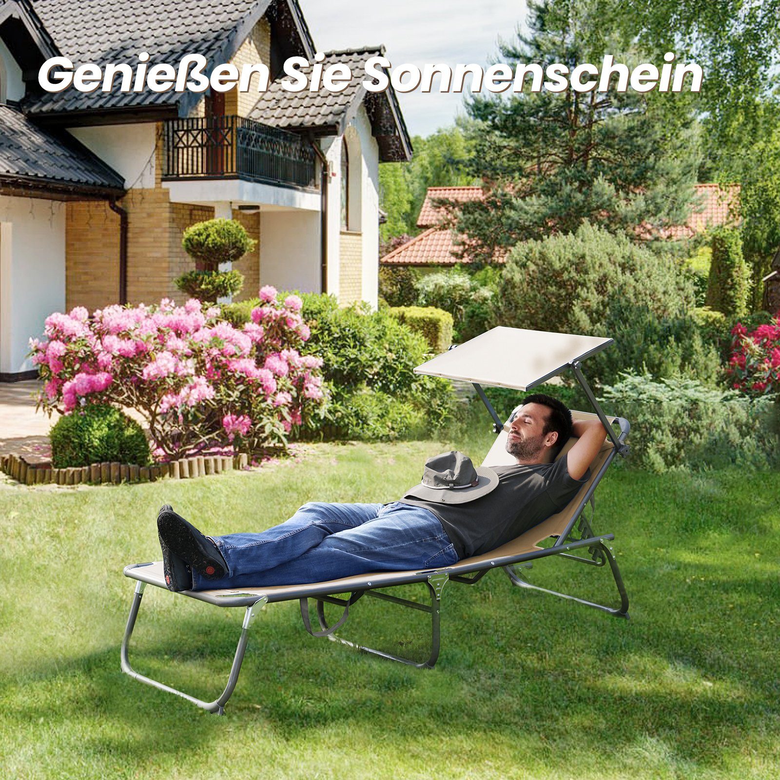 HOMECALL Gartenliege Sonnenliege AluLiege Liegestuhl Strandliege, klappbar, Textilene Mit Dickem Schwamm, Verstellbare Rückenlehne, Sonnenblende, Kopfpolster, bis 150KG