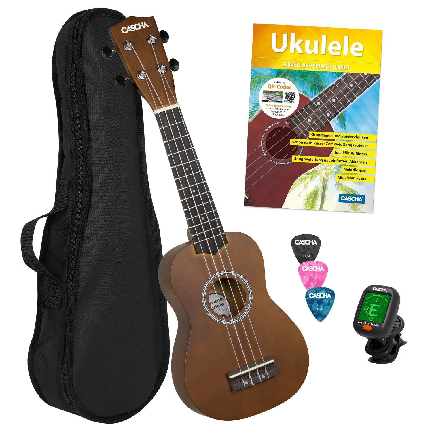 Cascha Ukulele Linde, Bundle, komplett mit Tasche,Stimmgerät, 3 Plektren und Lernbuch