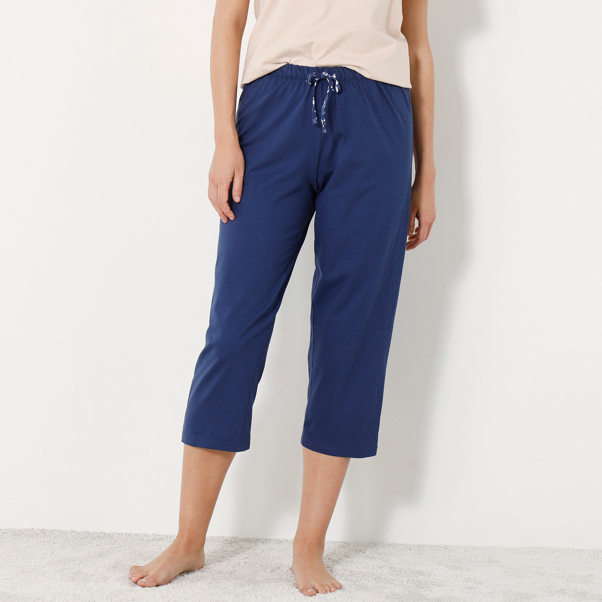 Pantacourt pyjama coton uni avec noeud imprimé floral
