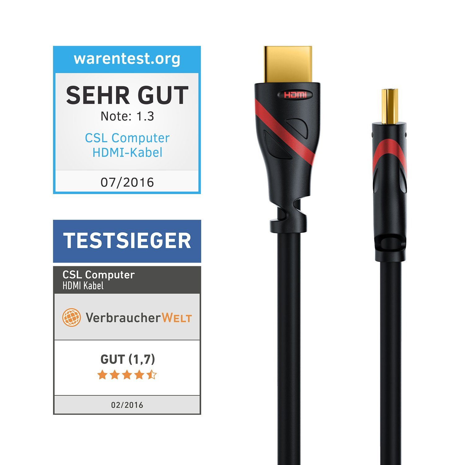 CSL HDMI-Kabel, 2.0b, HDMI Typ A (50 cm), 4K Ultra HD, UHD, Full HD, 3D, ARC, High Speed mit Ethernet - 0,5m