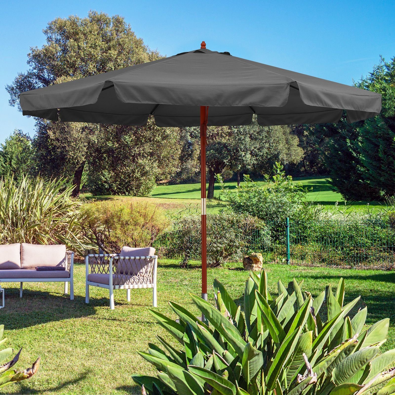 Kingsleeve Sonnenschirm, 330 cm Robuster Mast aus Holz UV Schutz 50+ Wasserabweisend Leichtgängiges Seilzugsystem Windöffnung für stabilen Stand Marktschirm Gartenschirm Balkonschirm