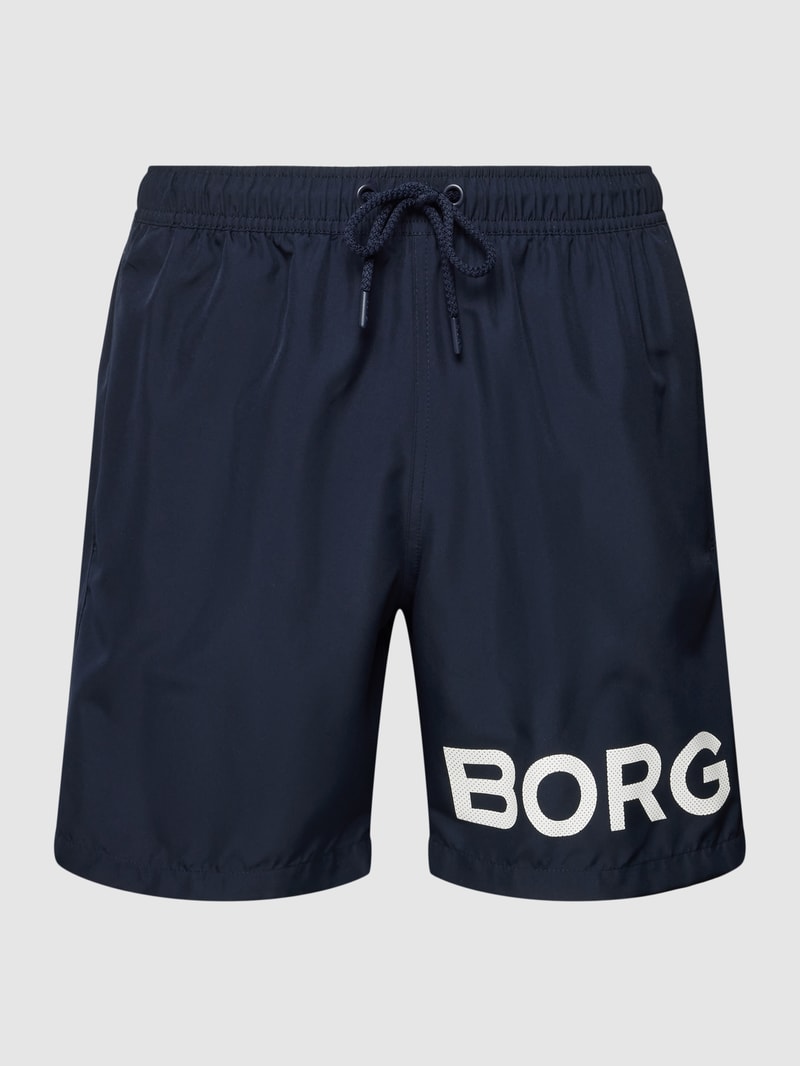 Badehose mit Label-Print Modell 'SHELDON' in dunkelblau