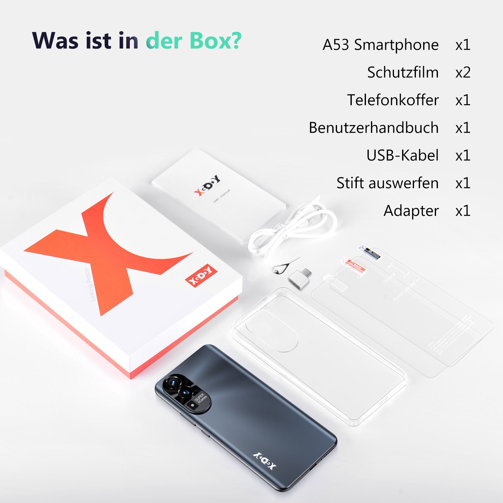 XGODY A53 2G RAM,32G ROM,Android 10.0 Smartphone (16,50 cm/6.52 Zoll, 32 GB Speicherplatz, 13 MP Kamera, Gesichtserkennung, Dual-SIM, Erweiterung Speicher Max. 256GB)
