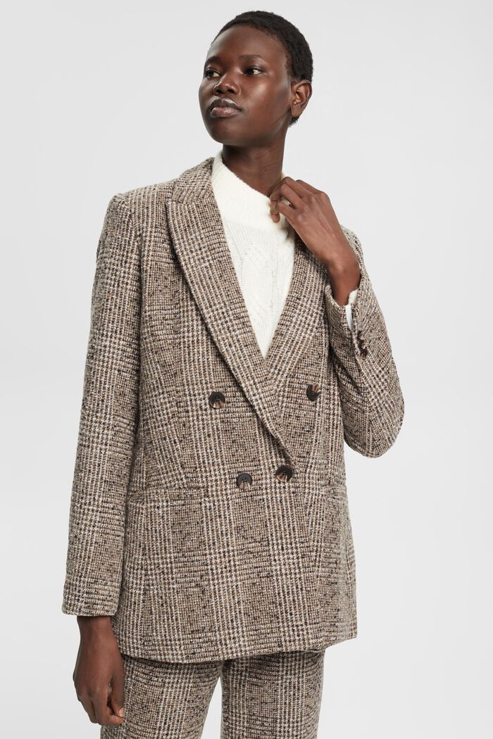 Bouclé-Blazer mit Karomuster aus Wollmix