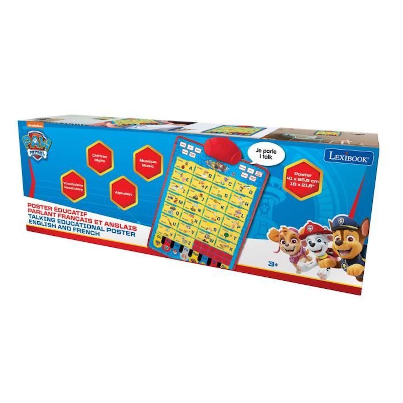 Un poster éducatif parlant bilingue FR/EN, pour apprendre l’alphabet, du vocabulaire et l’orthographe avec La Pat'Patrouille ! violet