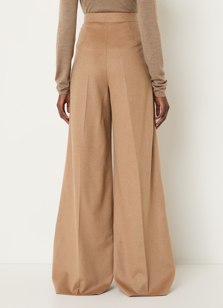 Pantaloni MaxMara Fagus din lână cu talie înaltă și croială lată, de culoare camel.