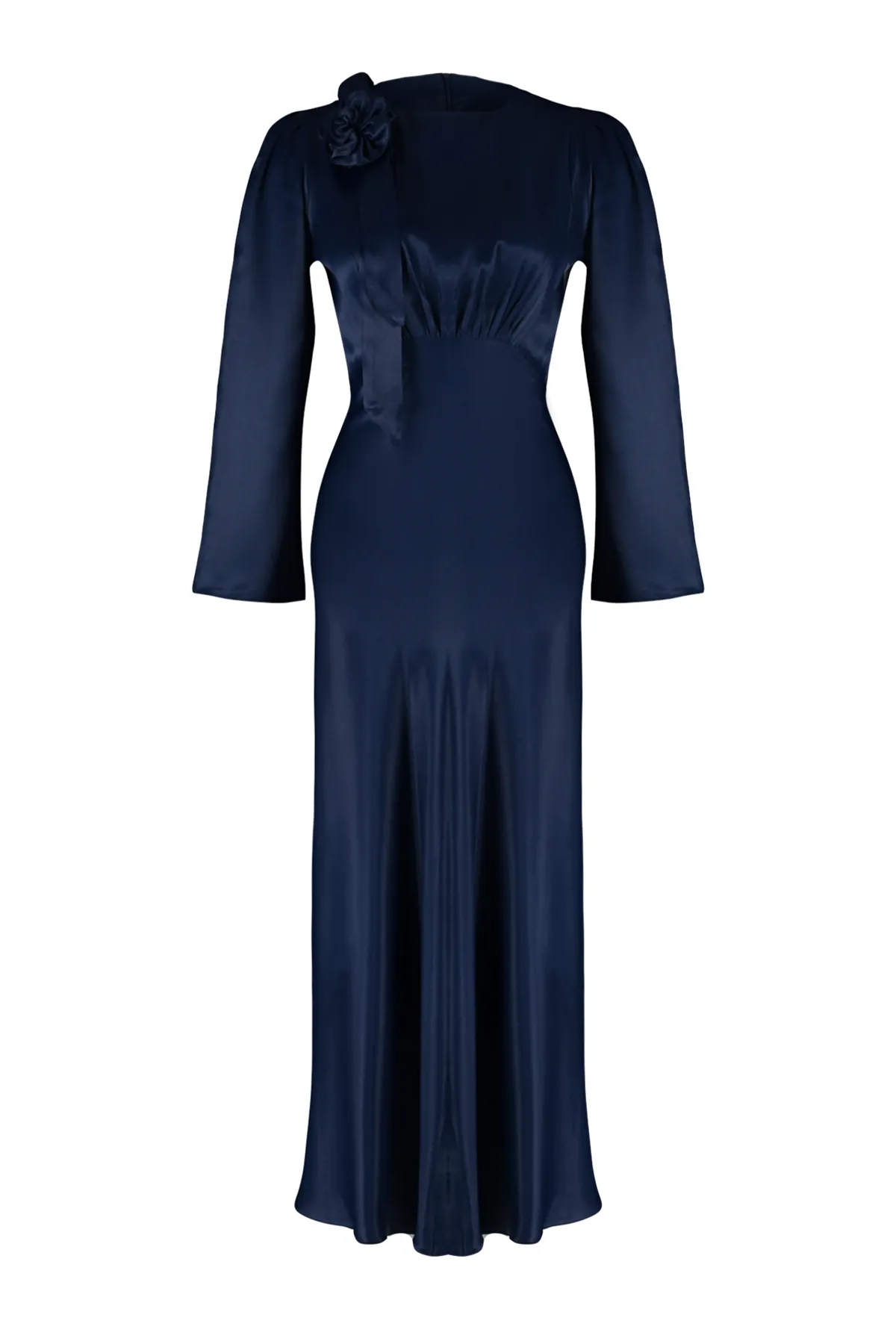 Trendyol Modest  Marineblaues Abendkleid aus gewebtem Satin mit Rosendetail für besondere Anlässe TCTSS24DB00043
