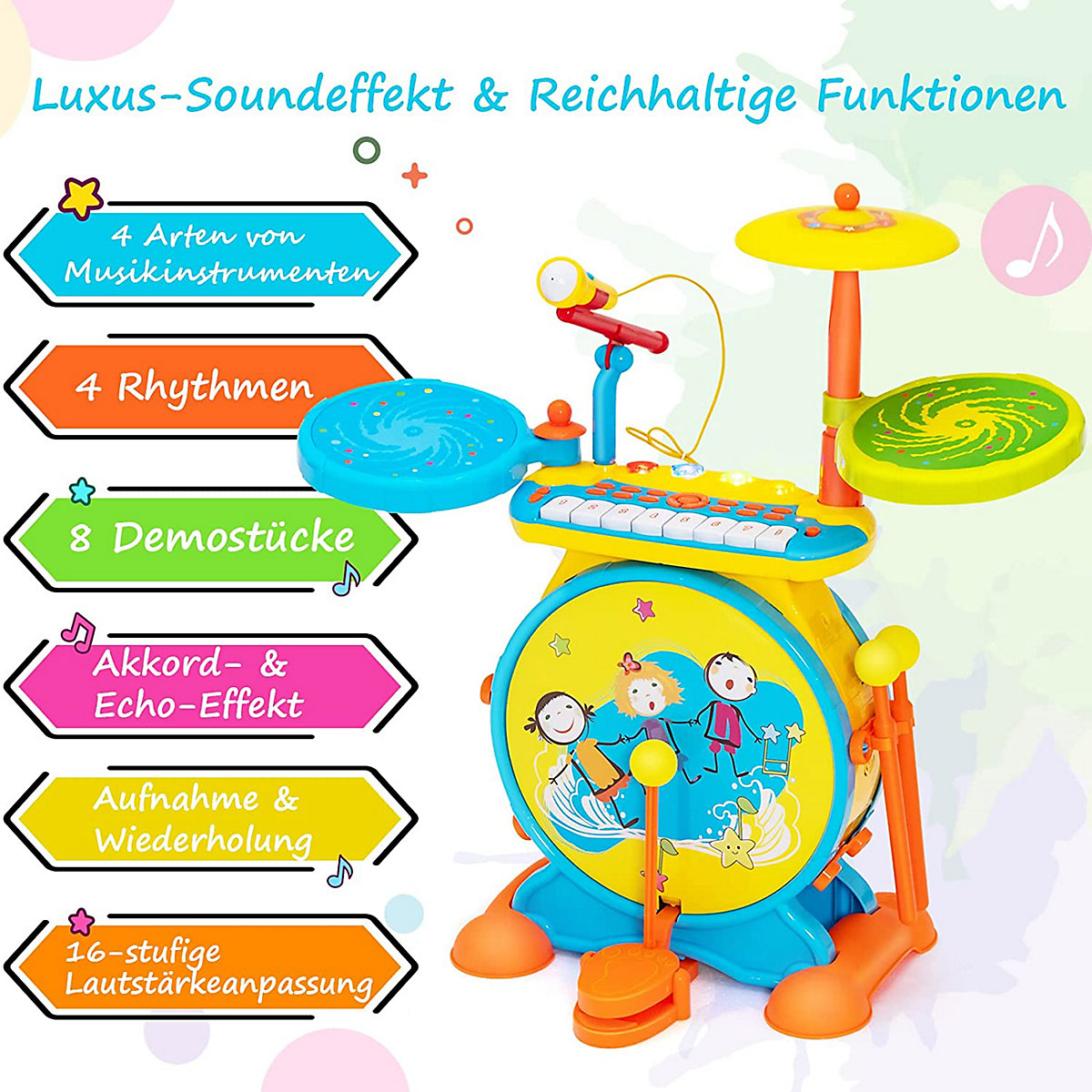 E Trommel mit Keyboard mit Hocker & Mikrofon & LED