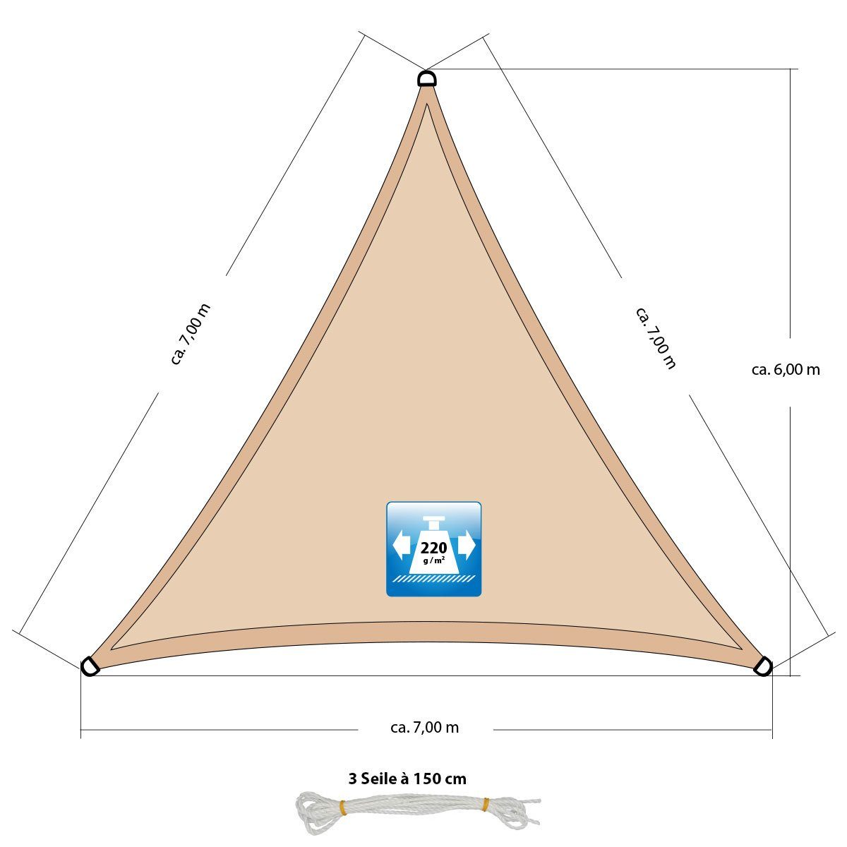 AMANKA Sonnensegel Sonnensegel HDPE Dreieck UV Sonnenschutz Plane, 7x7x7 m Balkon Garten Beige