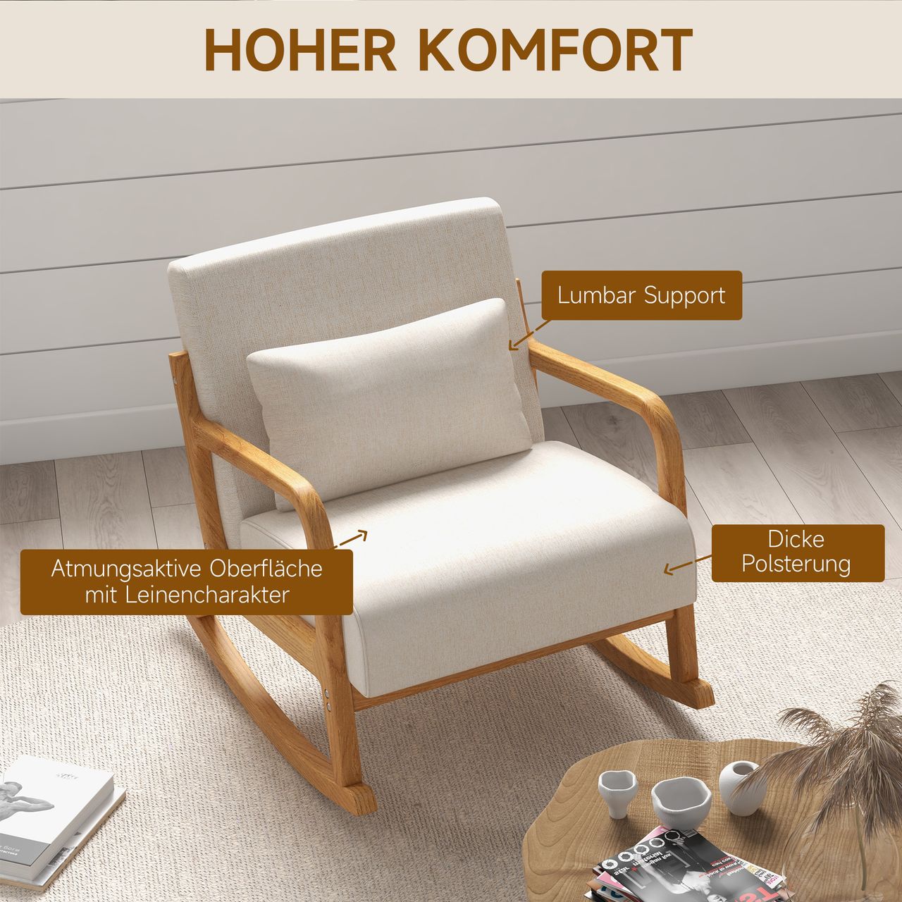 HOMCOM Schaukelsessel Gepolsterter Relaxsessel mit Holzgestell für Schlafzimmer