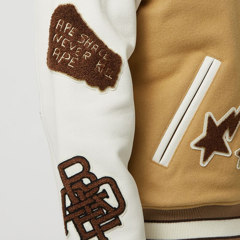 A Bathing Ape Multi Motif Varsity Jacket beige