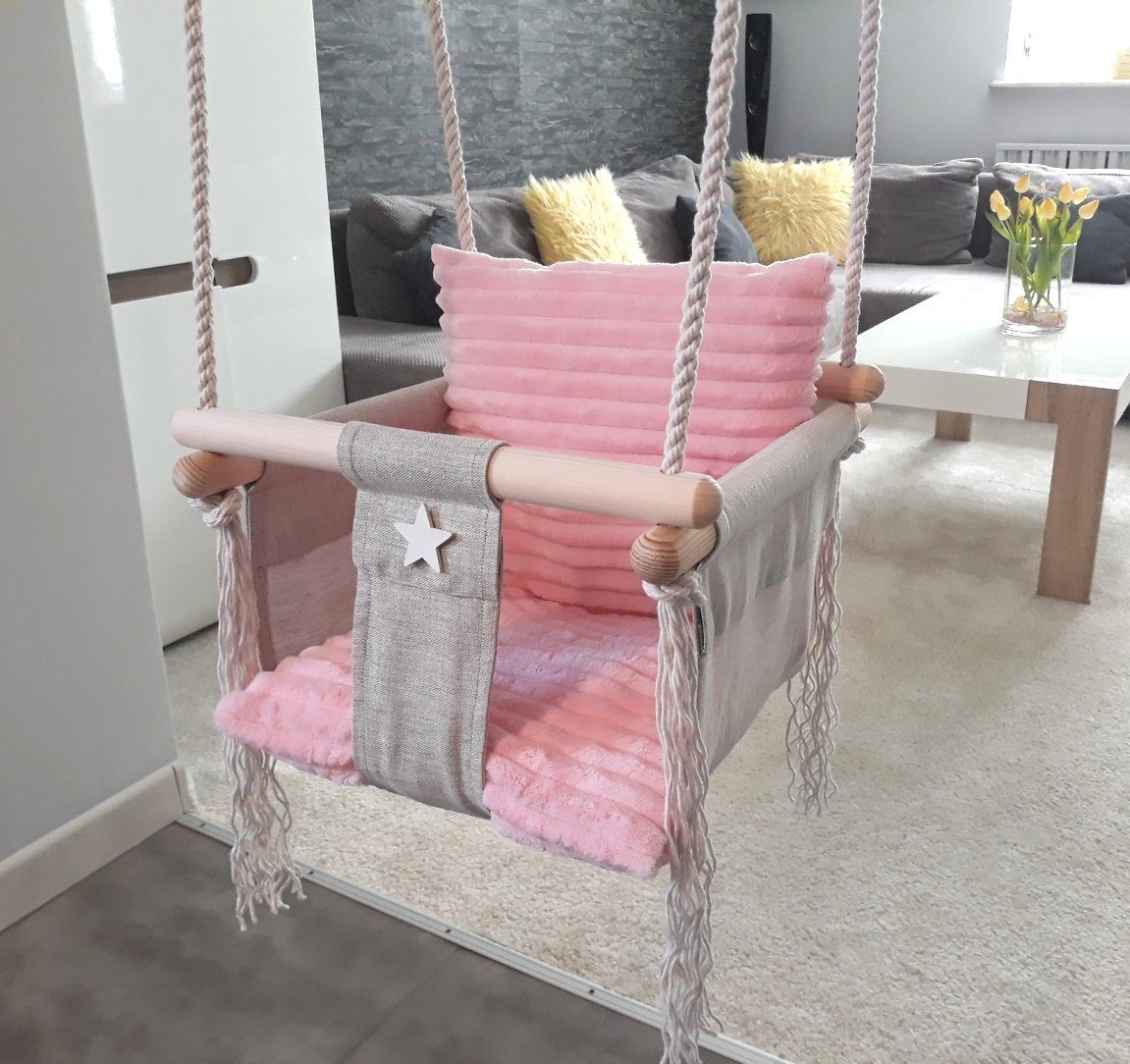 Rainbow Kids Babyschaukel Holz Stoff Leinen Rosa Minky, Made in Europe
