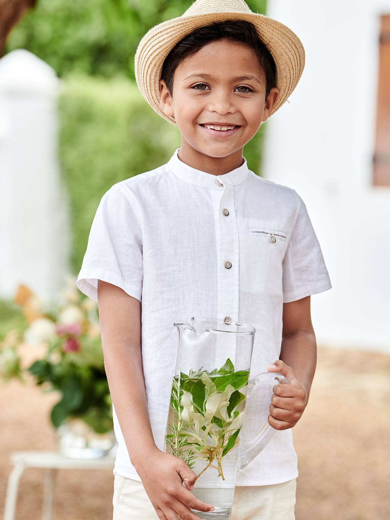 Chemise col Mao garçon en coton/ lin manches courtes blanc