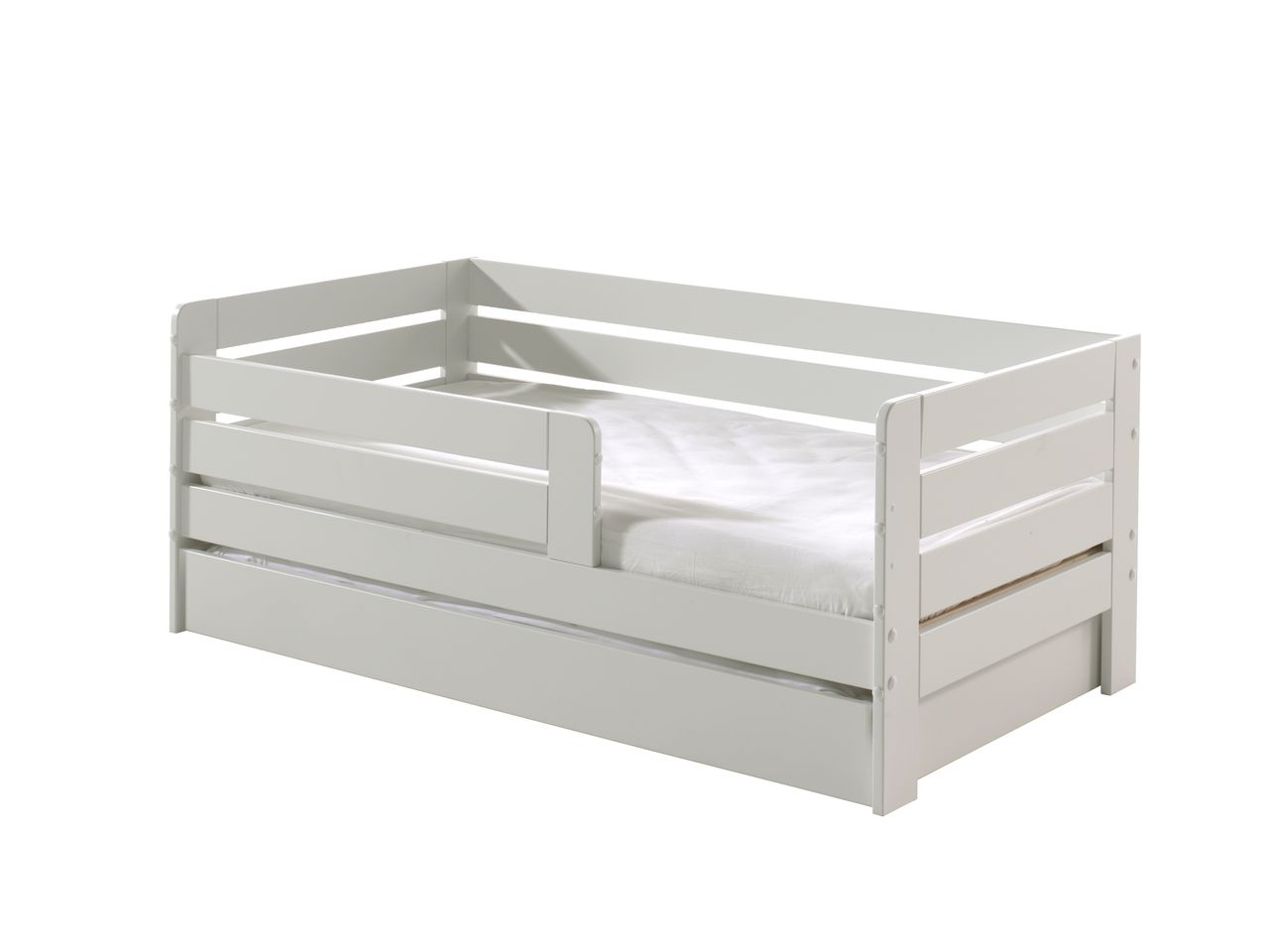 VIPACK Juniorbett mit Liegefläche 70 x 140 cm, Umrandung mit waagerechten Paneelen, inklusive Bettschublade, Ausf. MDF weiß lackiert