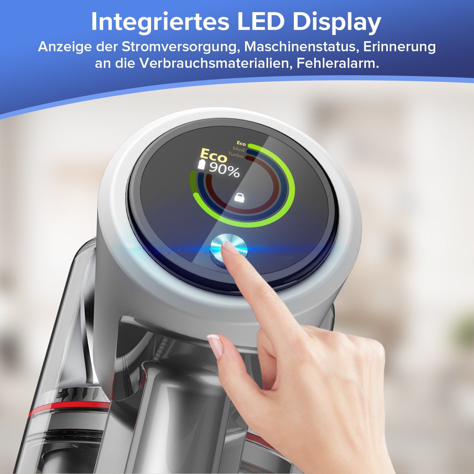 redroad Akku-Stielstaubsauger 17, 450,00 W, Beutellos, Akku Staubsauger 26.5Kpa, 60 Mins,Mit LED Licht