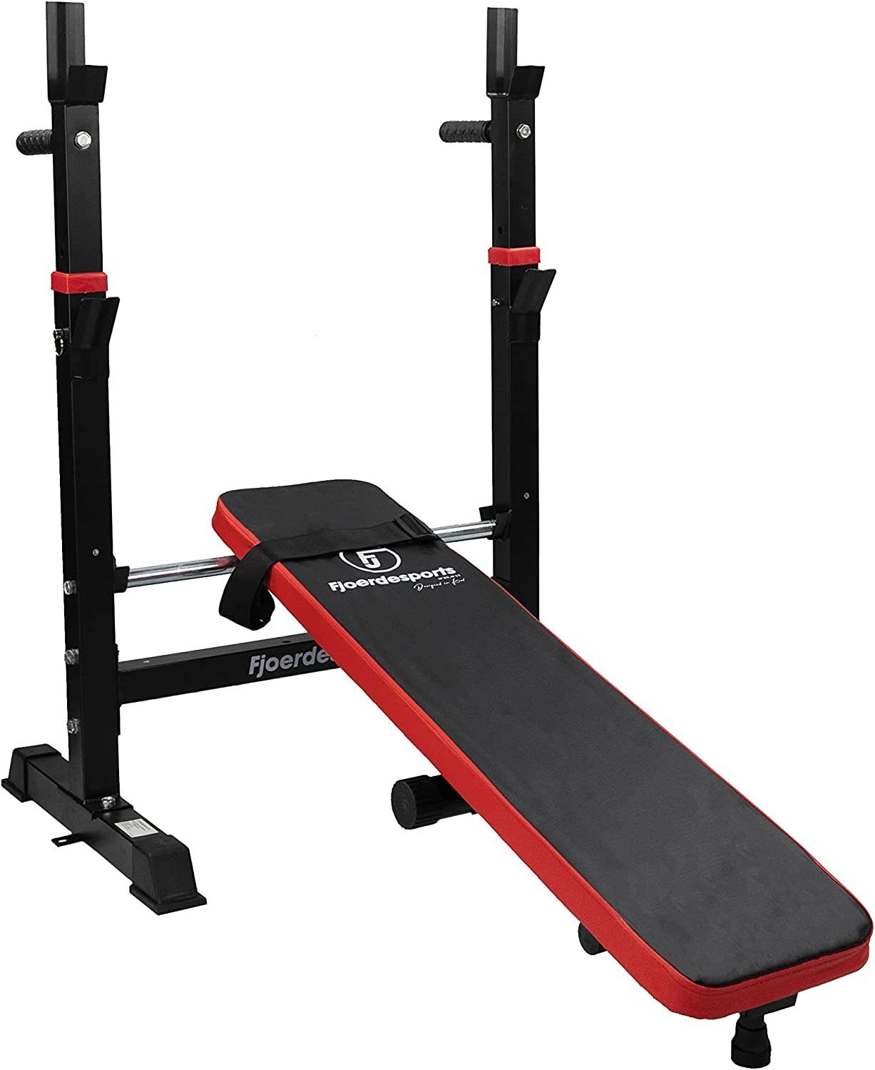 Fjoerdesports Hantelbank Faltbare Hantelbank mit Ablage für Langhantel & Dip-Station, (Trainingsbank mit Polsterung, Krafttrainingsbank, Bankdrücken, Fitness, Workout, Krafttraining, Hanteltraining, Liegestütze, verstellbare Lehne, bequeme Polsterung
