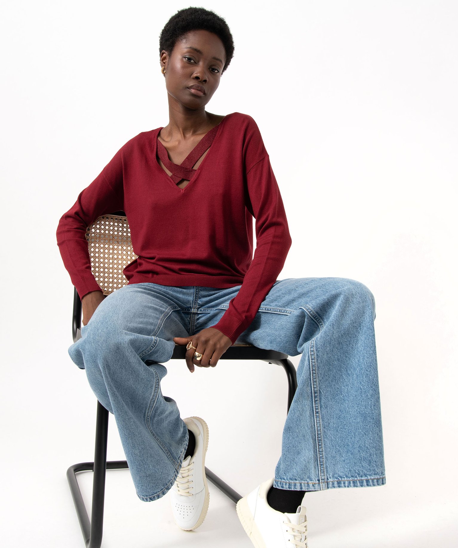 Pull fin à col rond avec dos croisé femme bordeaux | GEMO