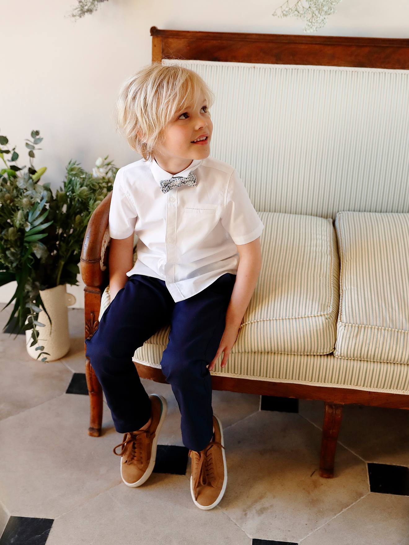 Pantalon chino garçon en coton/lin marine foncé