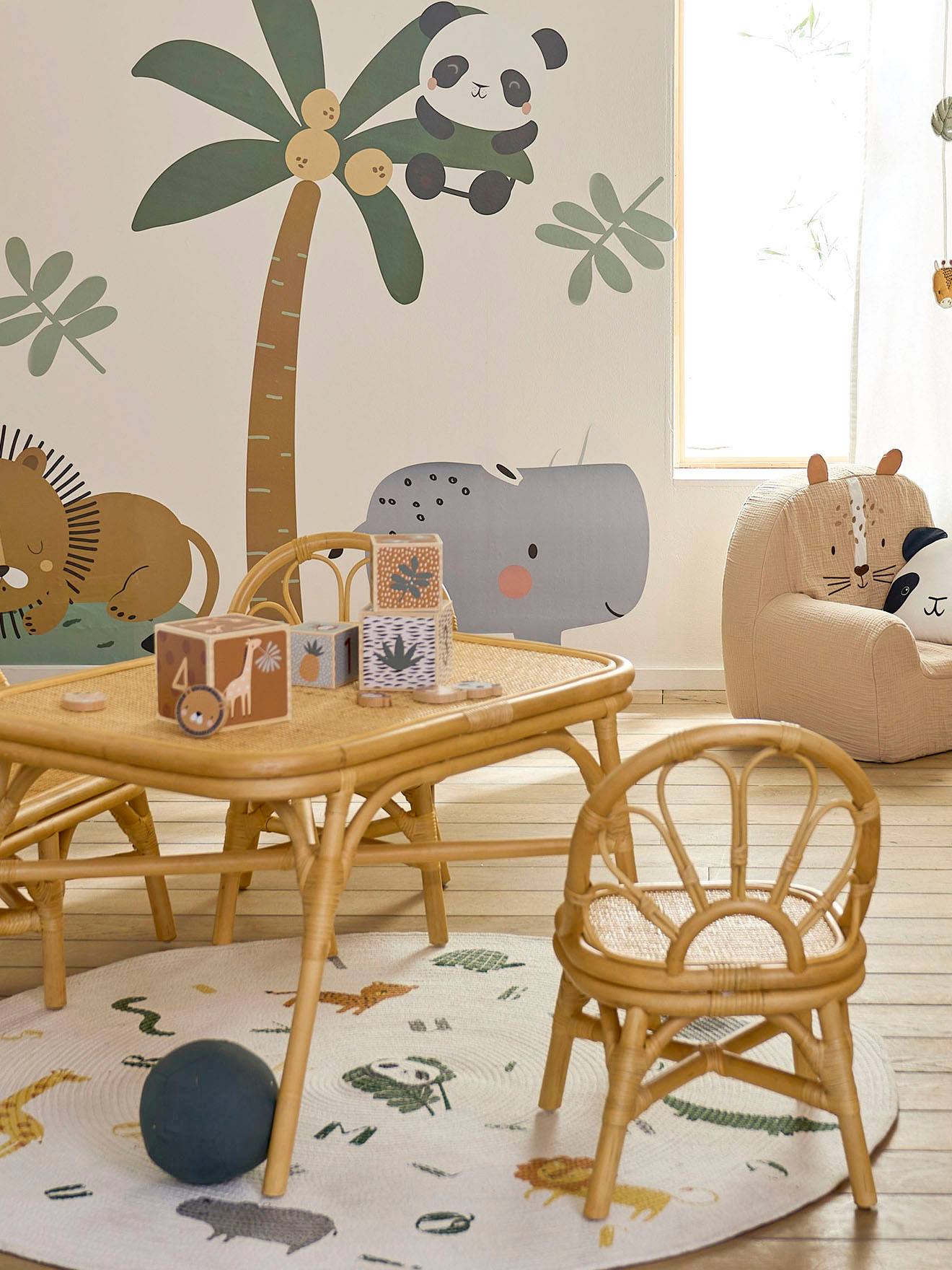 Vertbaudet Kinderzimmer-Set: 2 Stühle & Tisch aus Rattan BOHO - natur/blumenform
