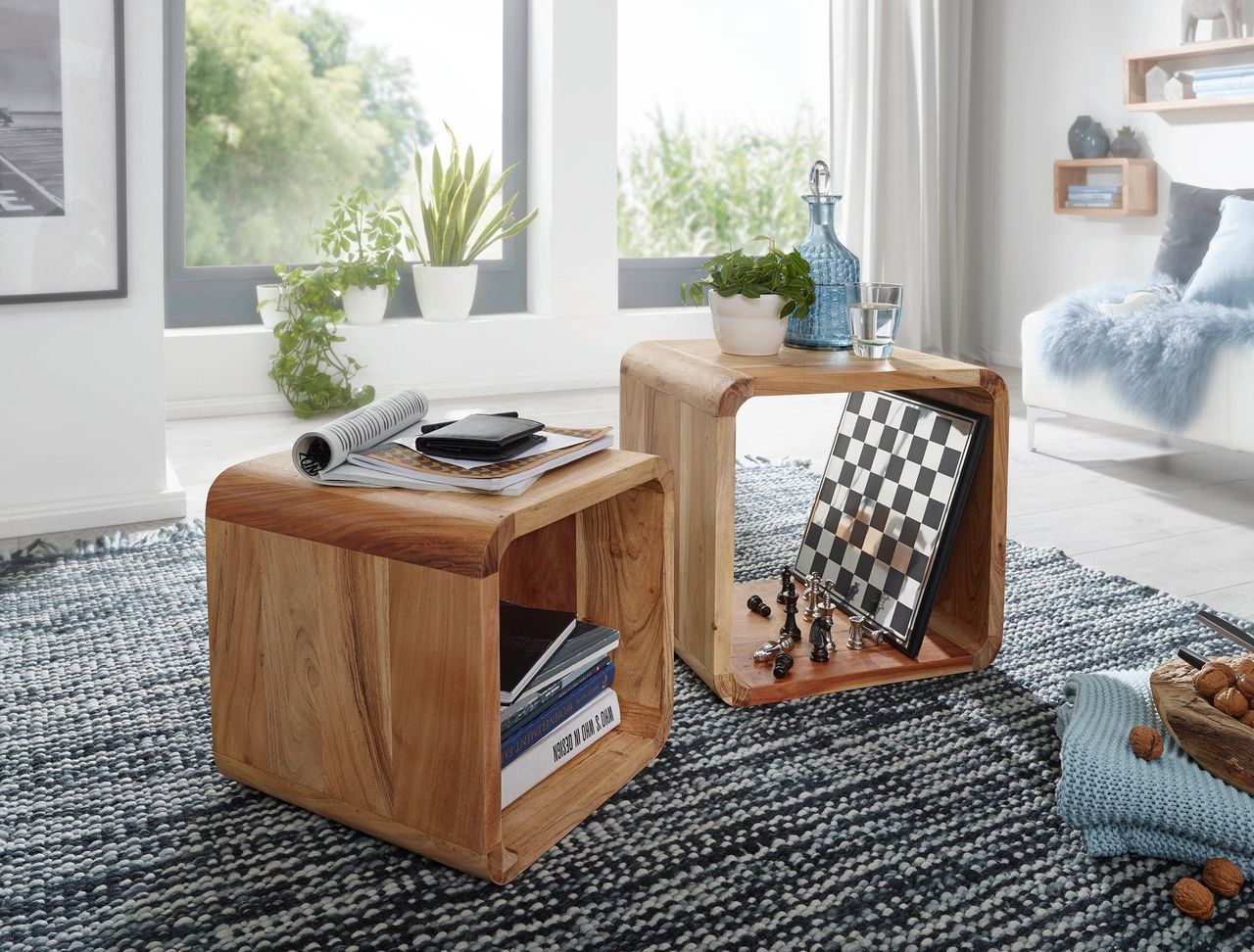 Wohnling Massivholz Akazie Satztisch Beistelltisch 2er Set Cubes Würfelregal