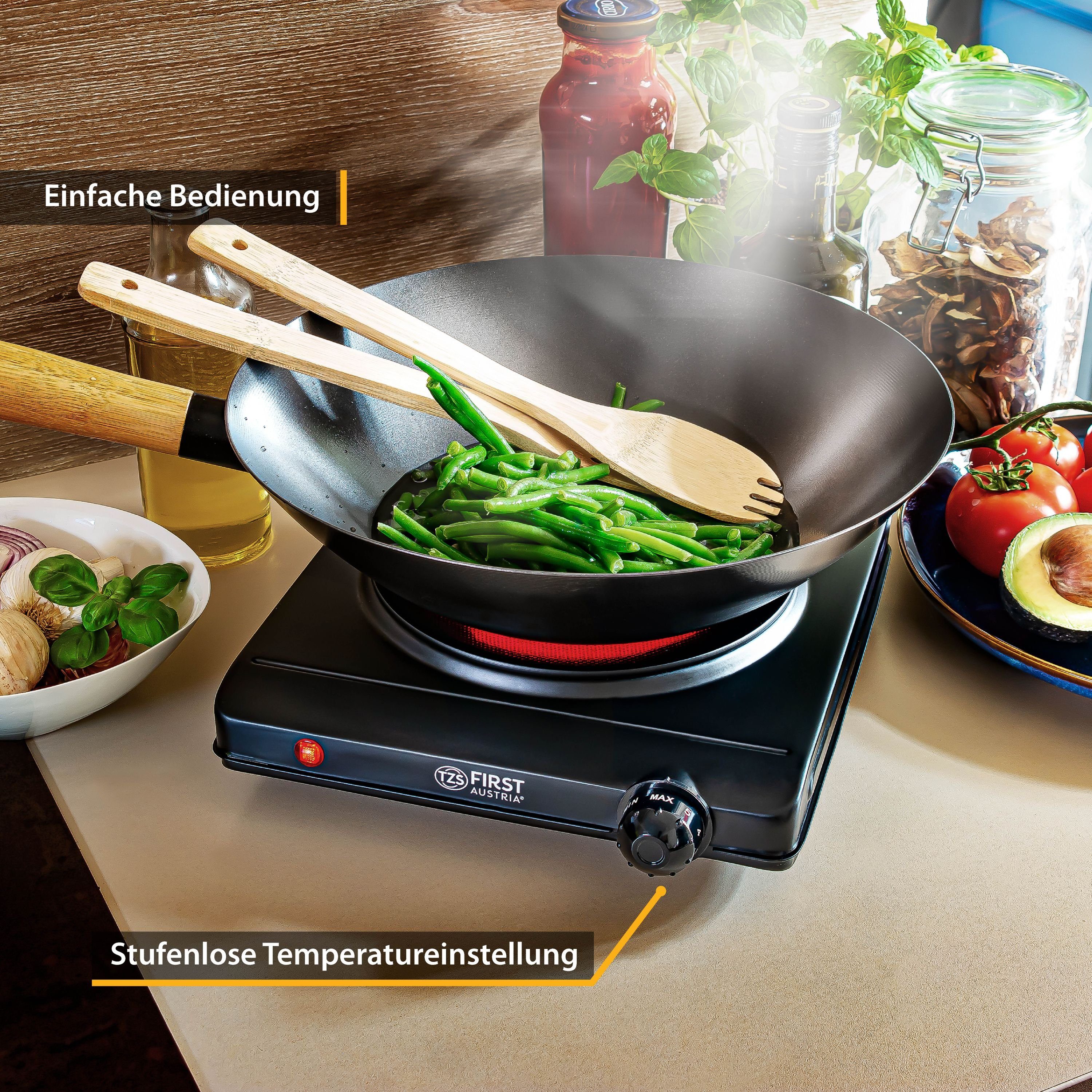 TZS FIRST AUSTRIA Einzelkochplatte Infrarot Kochplatte, 1250W, Keramik, stufenlose Temperaturregelung, Kochfeld Schwarz, Herdplatte für Camping