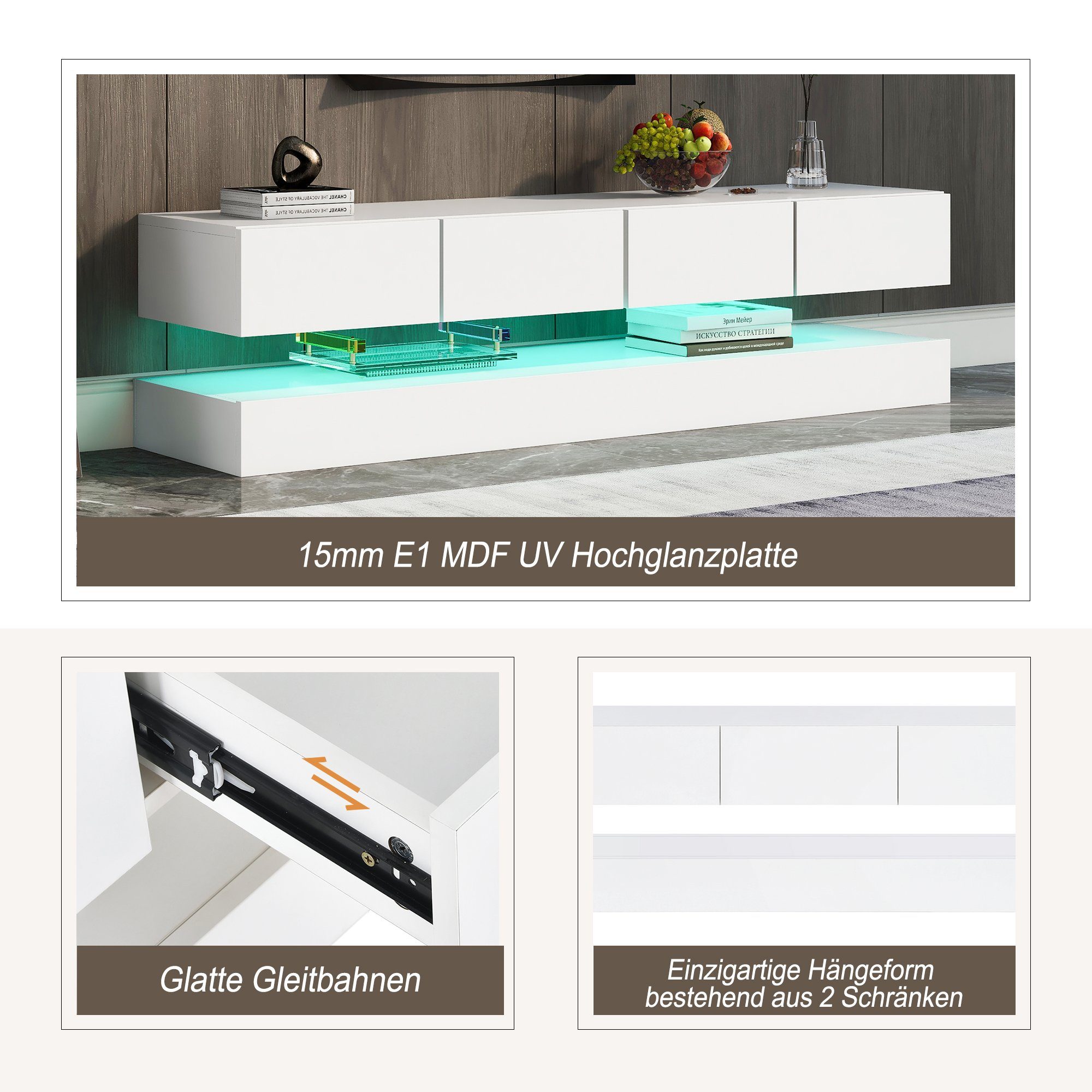 OKWISH TV-Schrank TV-Ständer,LED TV Lowboard, (Weiß 130*33*15cm Stauraum mit großer Kapazität, Für bis zu 55 Zoll Fernseher Haltbarer und stabiler TV-Tisch) TV-Möbel mit 2 Schränken und 4 großen Schubladen