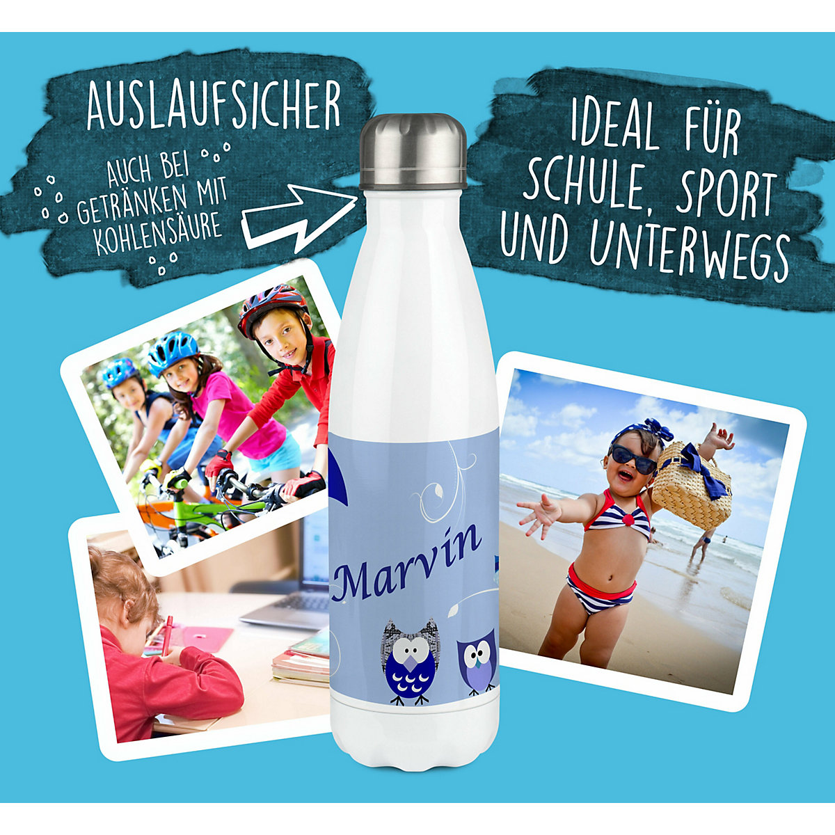 Edelstahl Kinder Thermoflasche / Trinkflasche bunt Eule Farbe blau Spülmaschinenfest, Auslaufsicher, Bruchfest, Doppelwandig, Für Heißgetränke geeignet, Mit Deckel, Isoliert