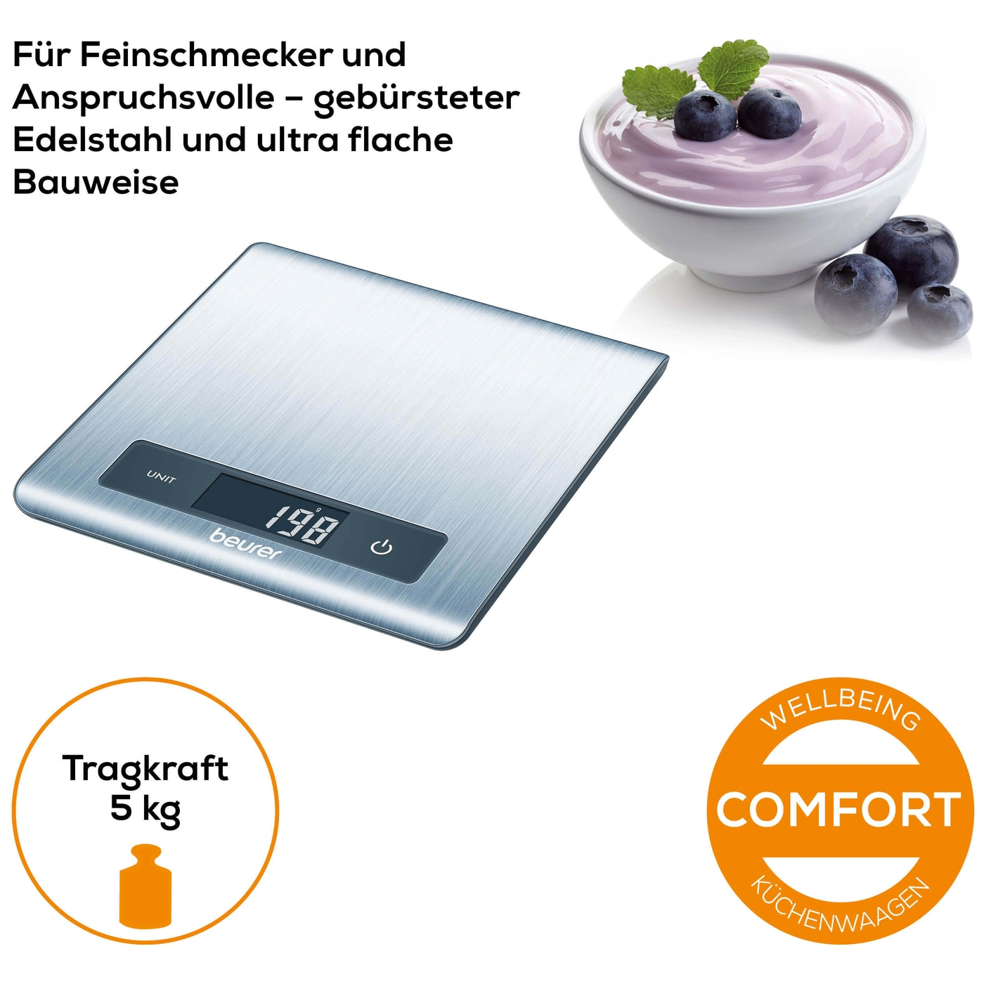 Beurer Küchenwaage KS 51-Ultra flache Küchenwaage mit Wiegefläche aus gebürstetem Edelstahl