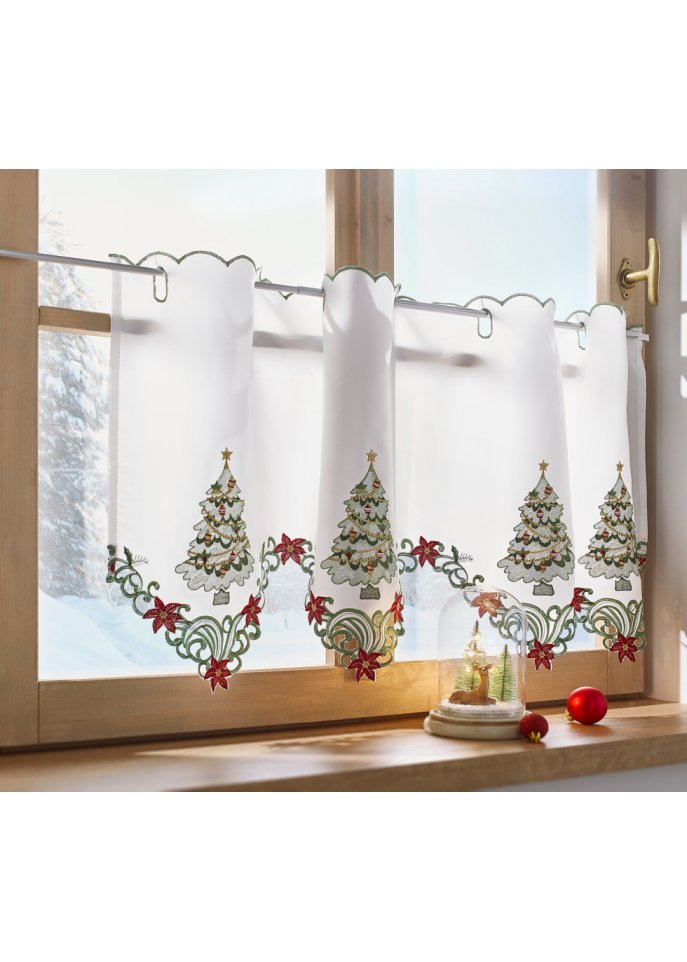 Scheibengardine mit weihnachtlicher Stickerei