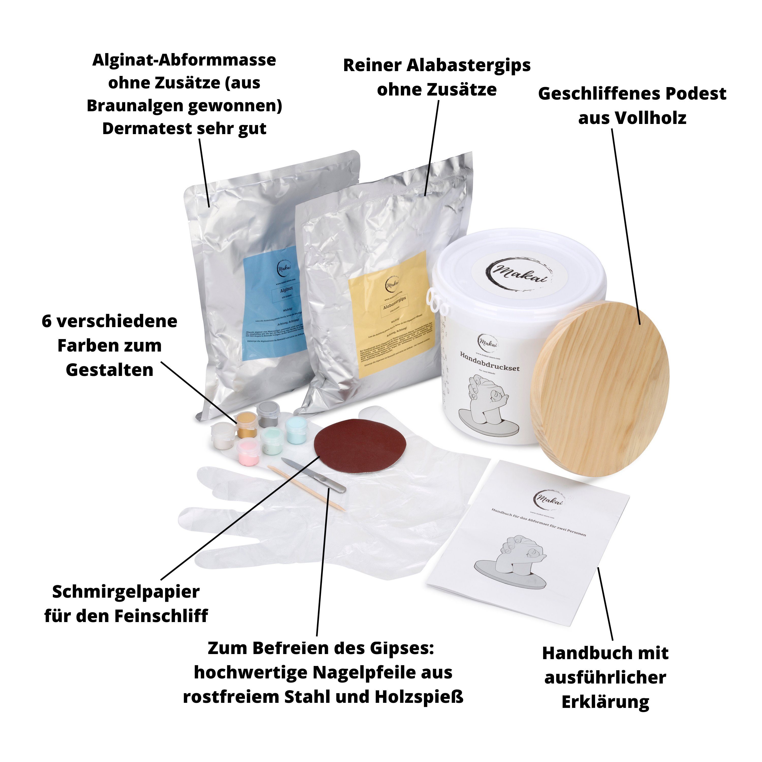 Makai Bastelnaturmaterial Premium 3D Handabdruck Set für zwei Personen, Geschenk für Paare und Familie aus feinstem Alginat und Alabastergips