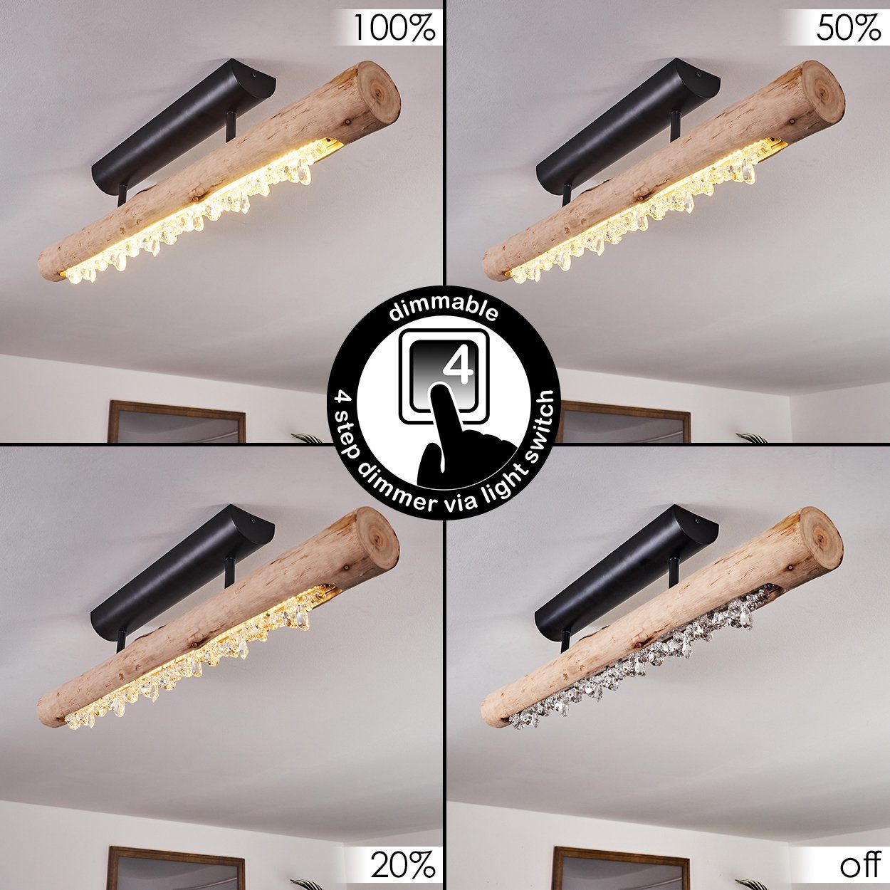 hofstein Deckenleuchte Lipusa längliche Deckenlampe aus Metall Schwarz und Holz, 3000 Kelvin, 1xLED 15 Watt, 1200 Lumen, über herkömmlichen Lichtschalter dimmbar