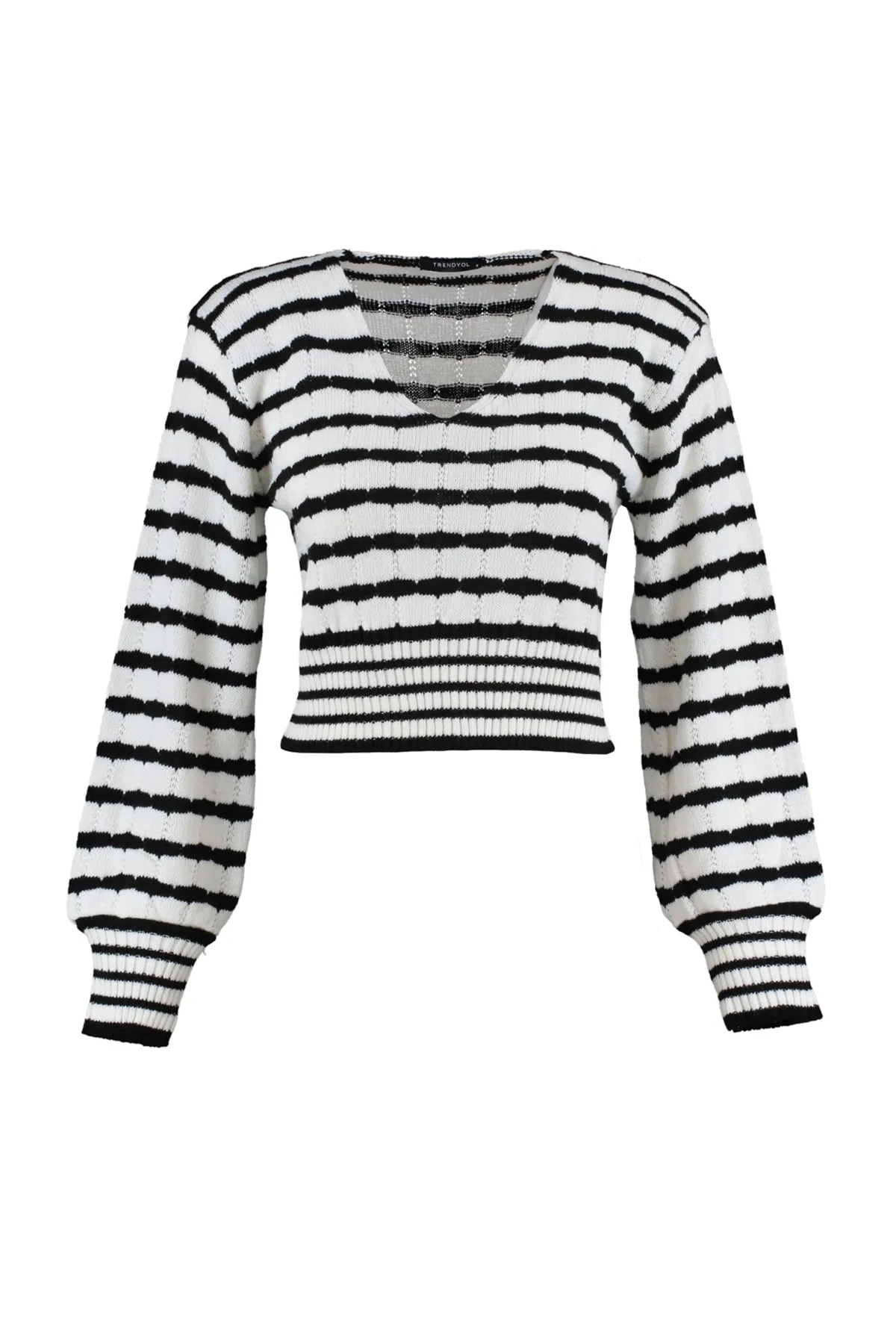 Trendyol Collection  Schwarzer kurzer Strickpullover mit Streifen TWOAW23KZ00634