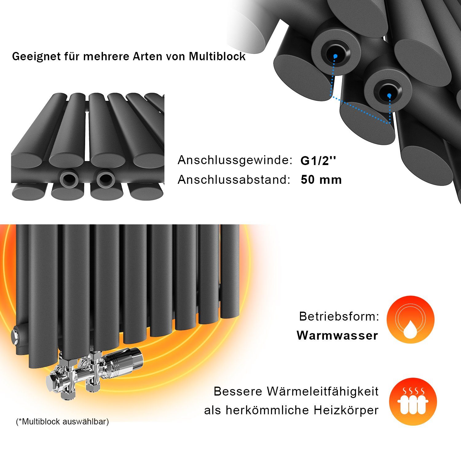 ELEGANT Badheizkörper Röhrenheizkörper Warmwasser,Horizontal,Doppellagig,mit Multiblock,bad, 600 x 770/ 600x1006/ 600 x 1183 mm,Design Heizkörper, Weiß/Anthrazit