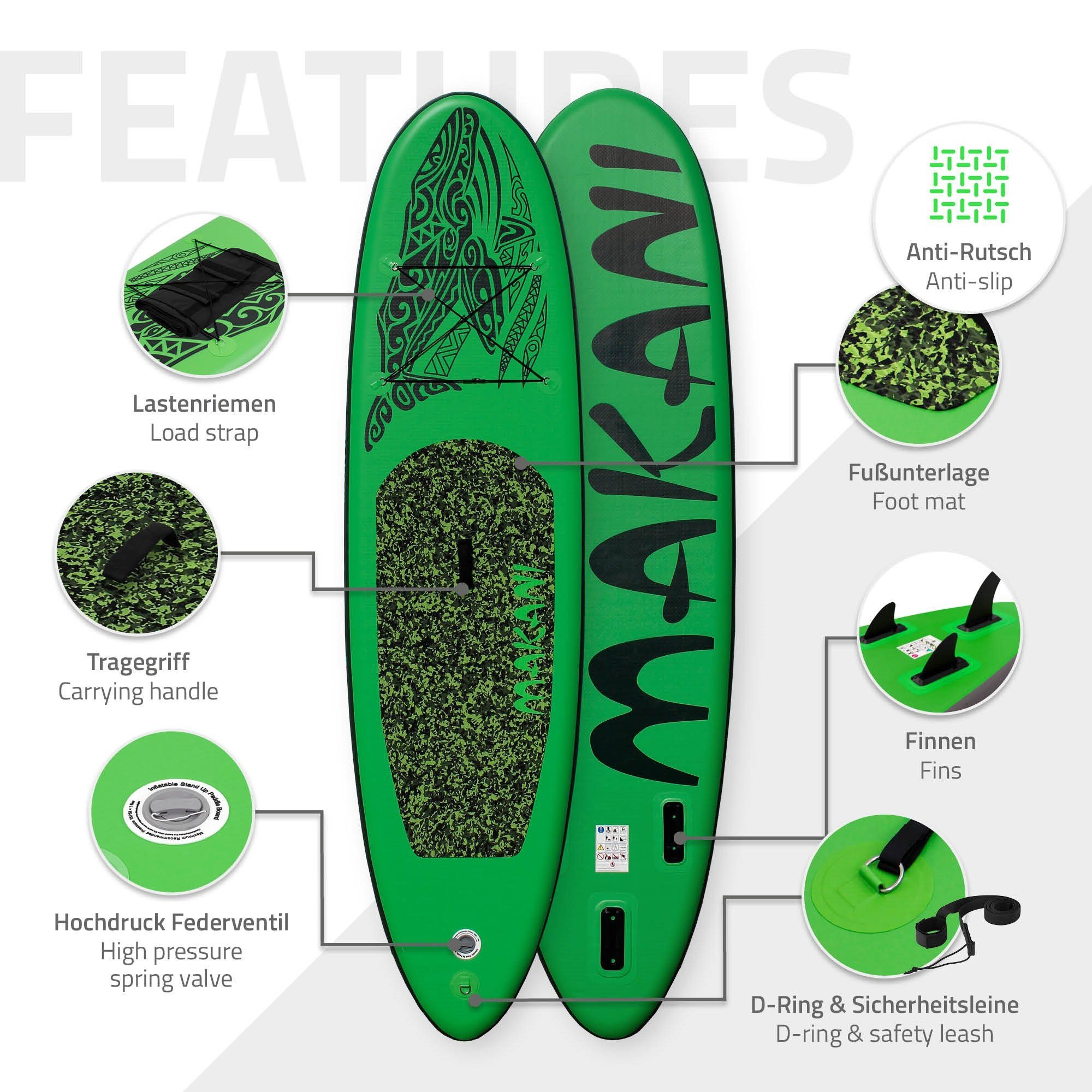 ECD Germany SUP-Board Aufblasbares Stand Up Paddle Board Makani Surfboard, Grün 320x82x15cm PVC bis 150kg Pumpe Tragetasche Zubehör