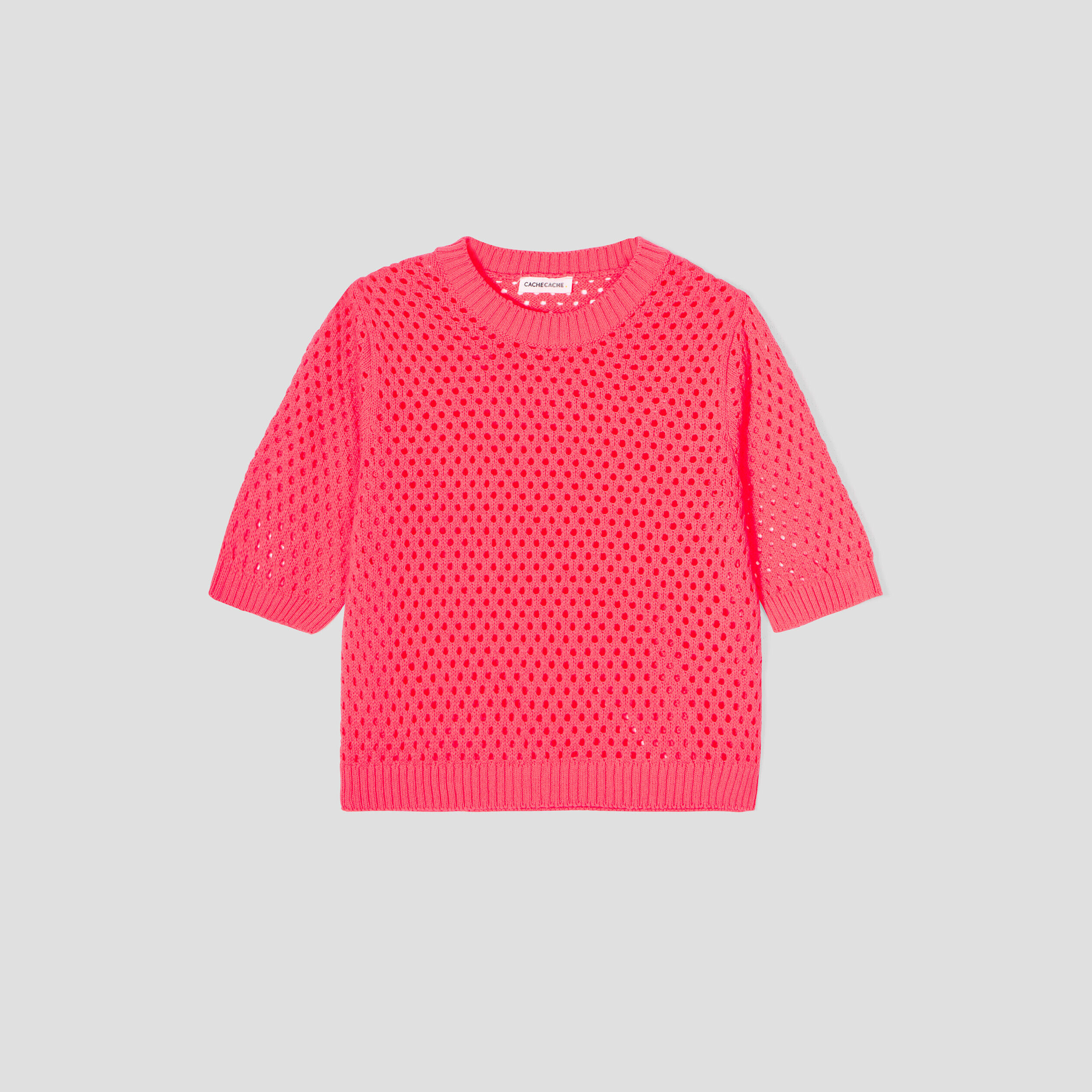 Pull manches courtes ajouré rose vif femme | Cache Cache
