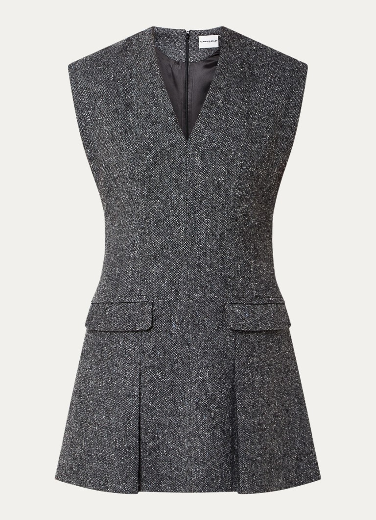 Claudie Pierlot -minimekko silkkisekoitteesta, jossa läppätaskut ja meleerattu kuvio