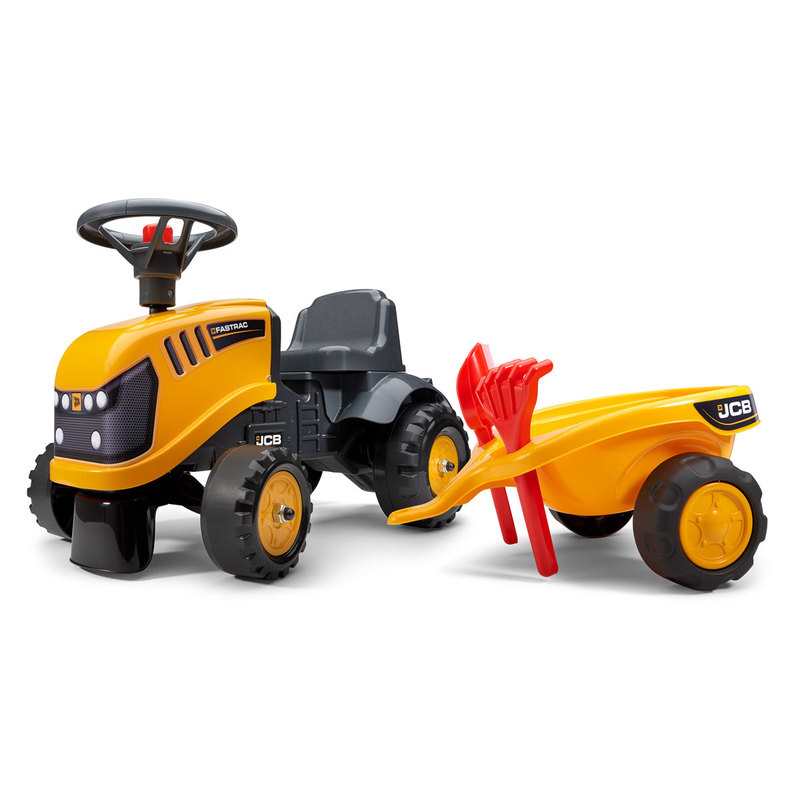 Porteur tracteur JCB avec remorque, pelle et rateau Falk