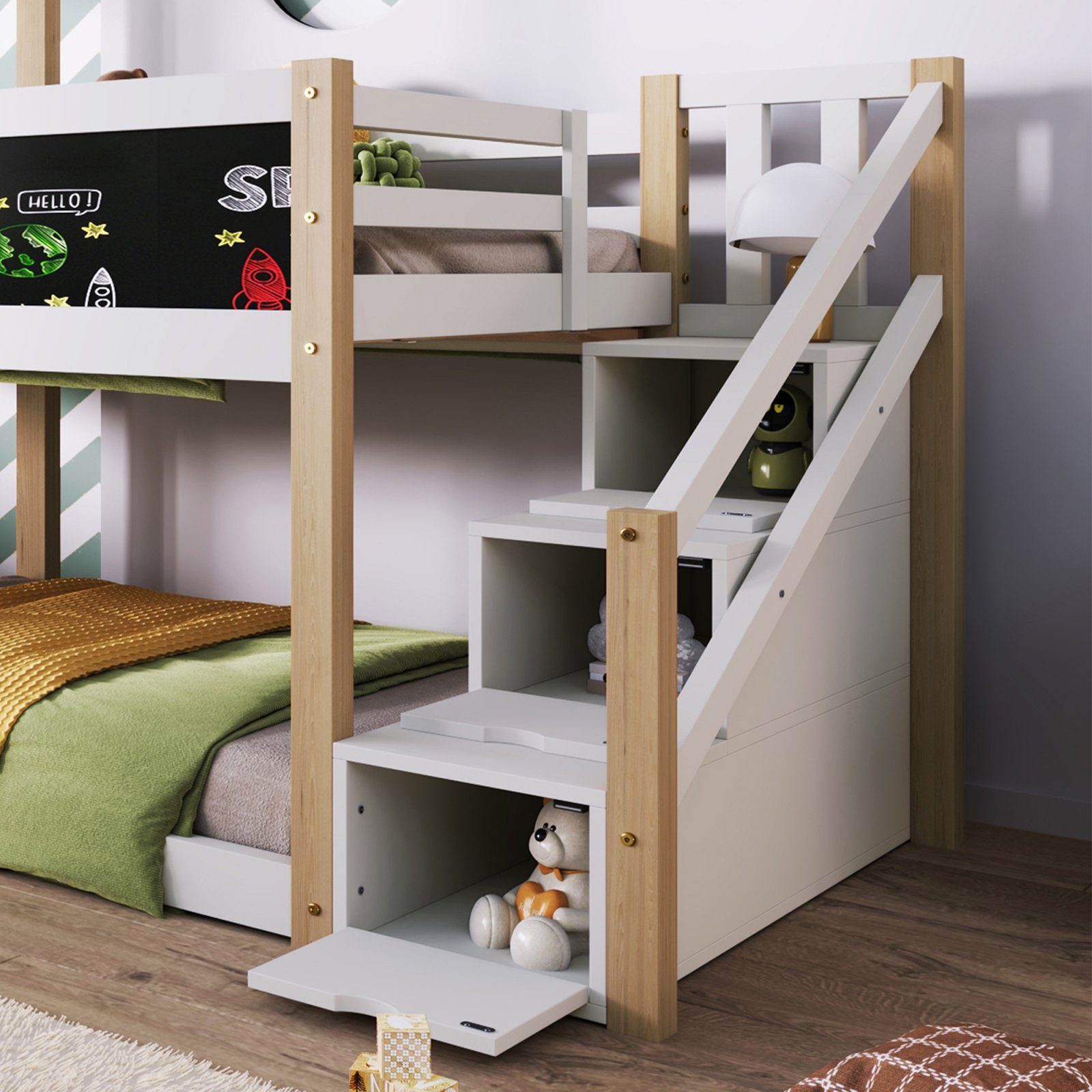 FUROKOY Holzbett Baumhaus Tafel Bett mit Speicherung und Rausfallschutz mit Wandtafel, , Etagenbett Hochbett 90 x 200 cm Natur & Weiß