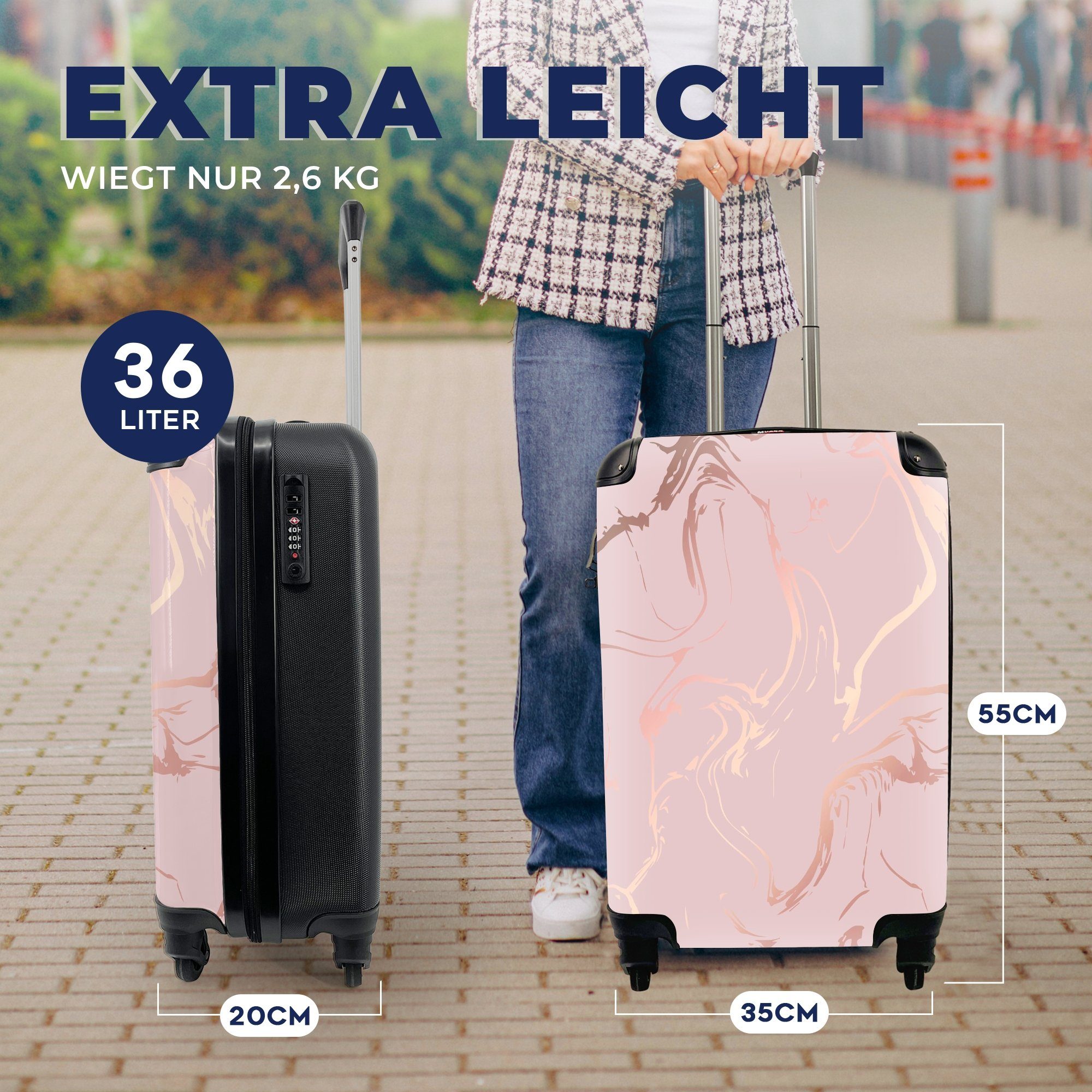 MuchoWow Handgepäckkoffer Marmor - Roségold - Linie, 4 Rollen, Reisetasche mit rollen, Handgepäck für Ferien, Trolley, Reisekoffer