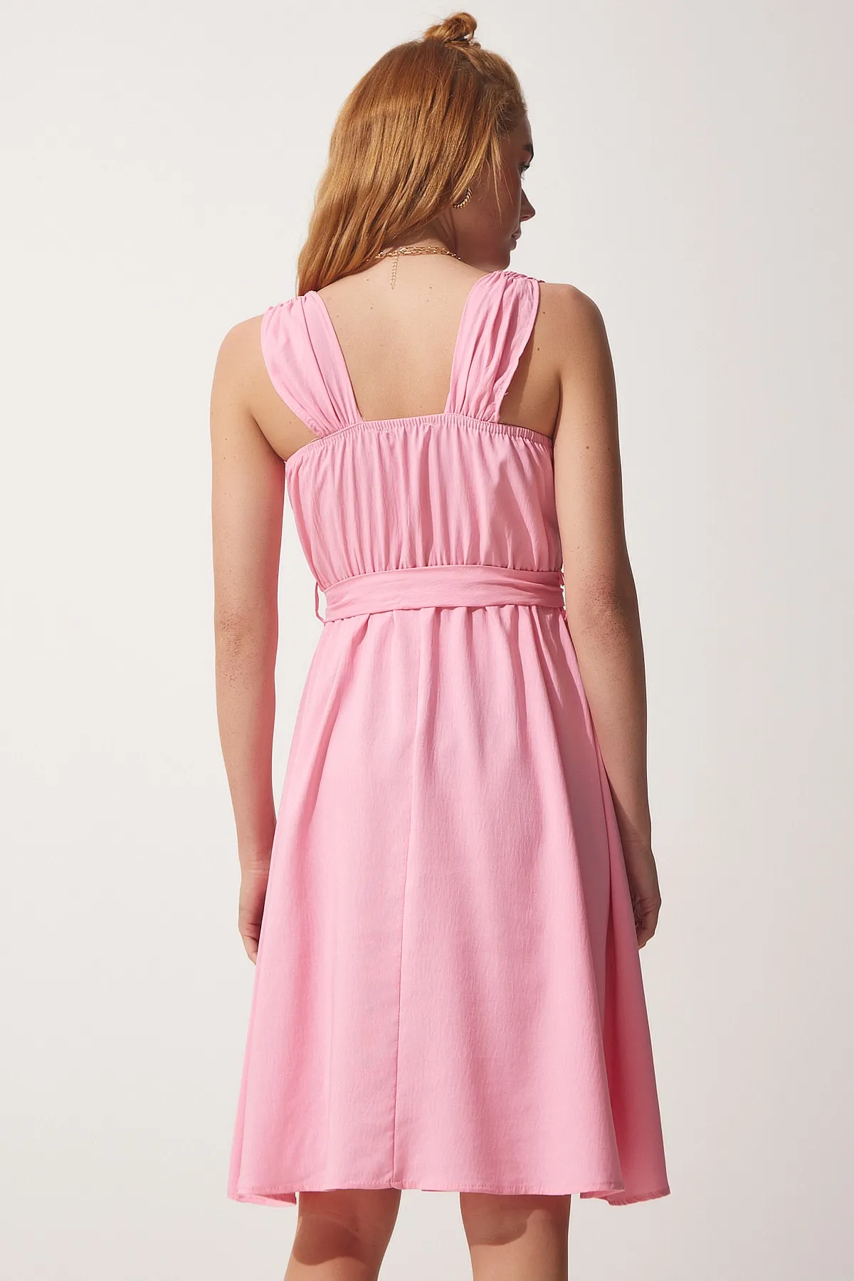 Happiness İstanbul  Rosa Sommer-Ayrobin-Kleid mit Riemen und Gürtel für Damen ZH00028