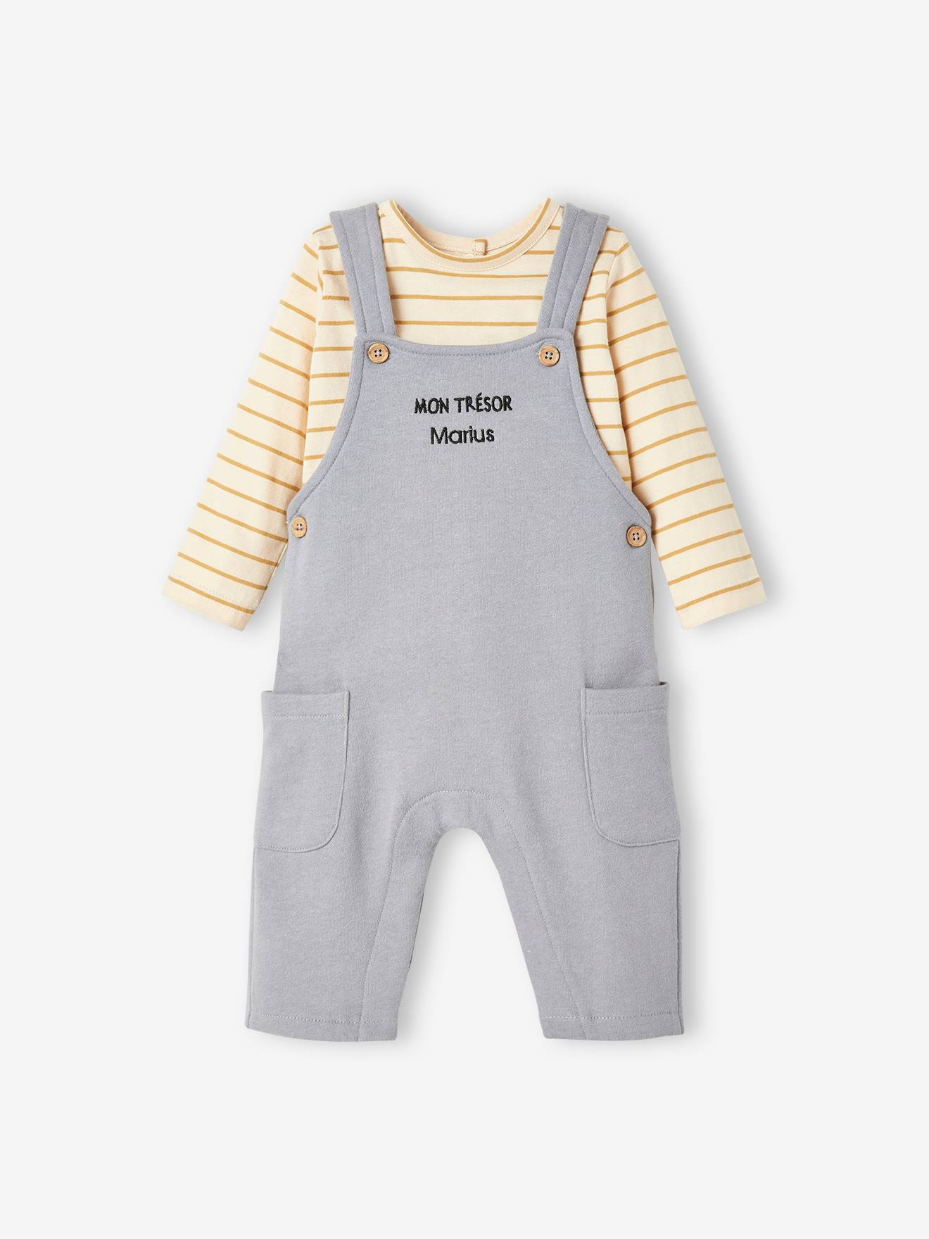 Vertbaudet Baby Set MON TRÉSOR: Shirt & Latzhose, personalisierbar Oeko-Tex - graublau
