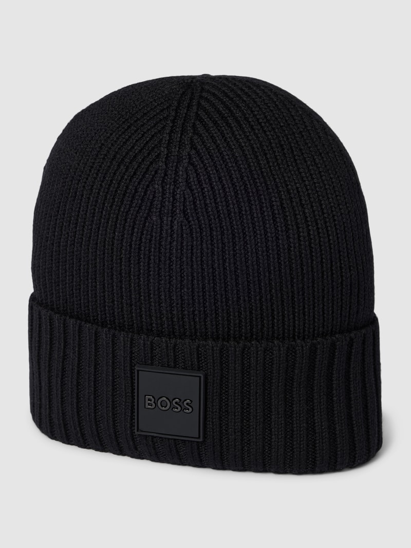 Beanie mit Label-Patch Modell 'Fati' in schwarz