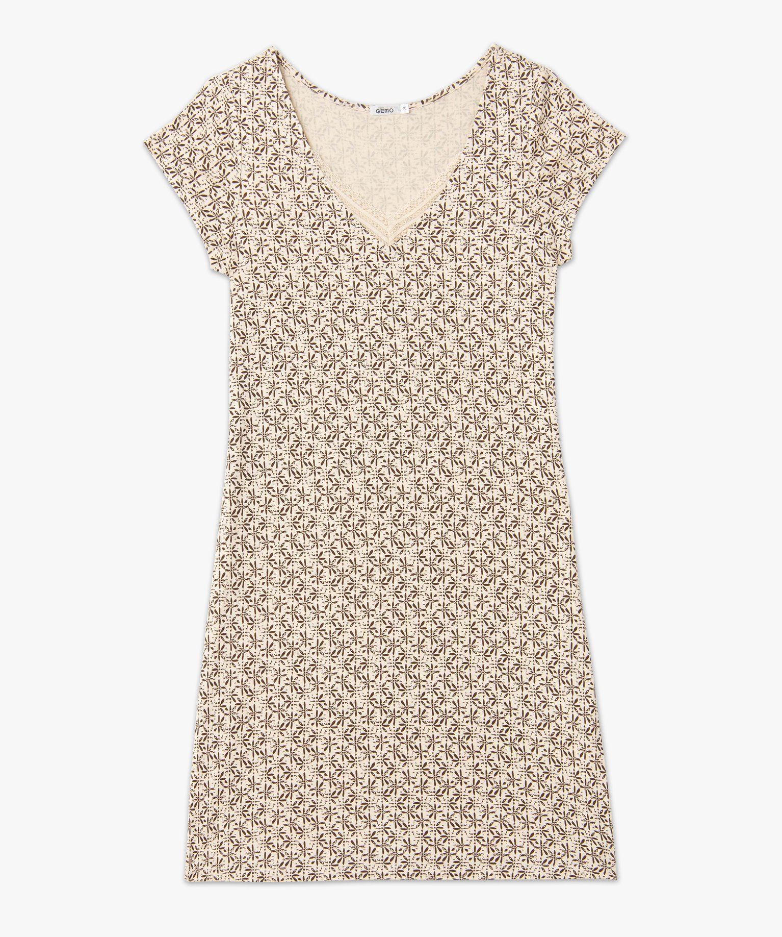 Chemise de nuit en maille extensible avec col V en dentelle ... imprime | GEMO
