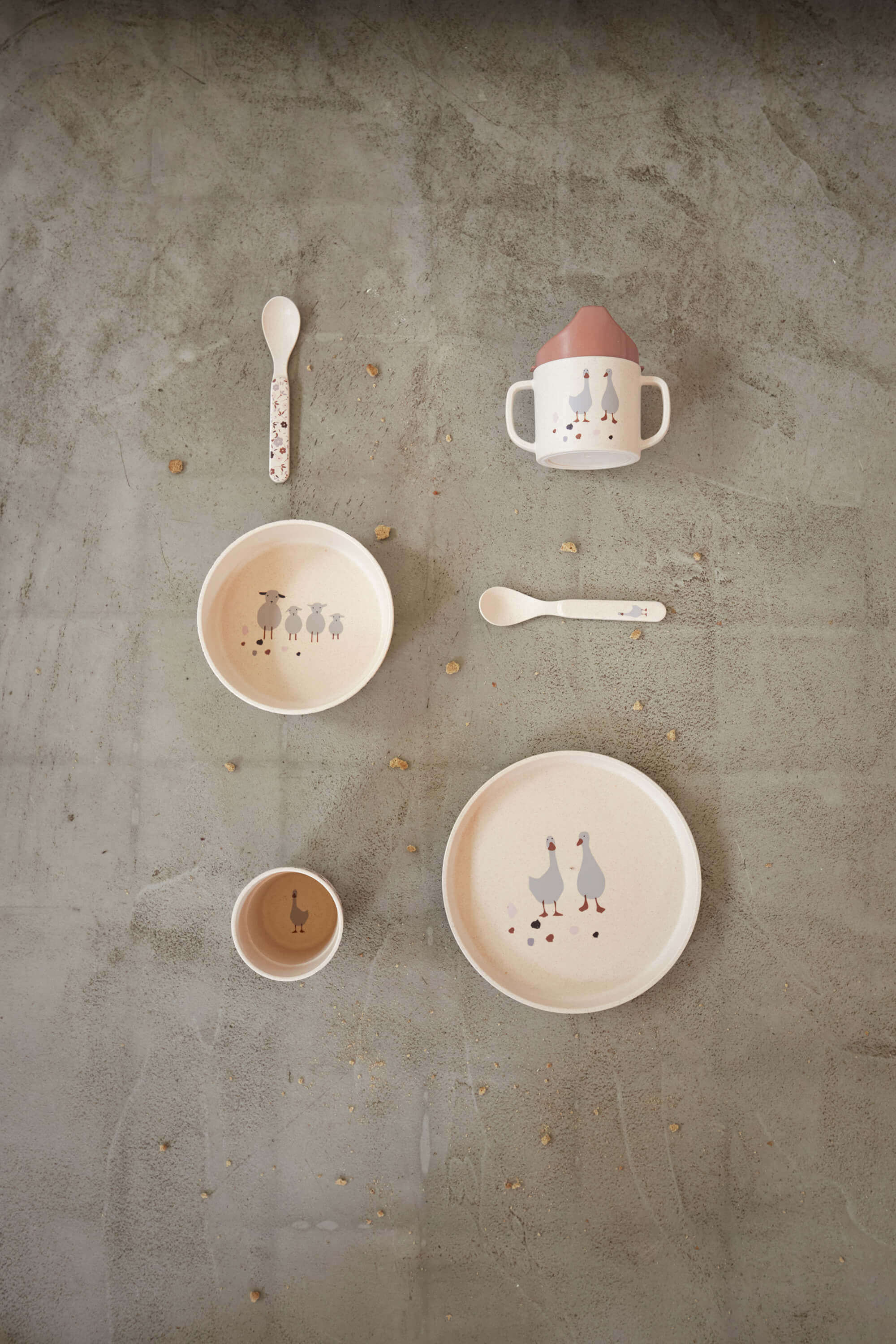 Kindergeschirr Set - Tiny Farmer, Schaf & Gans in Beige