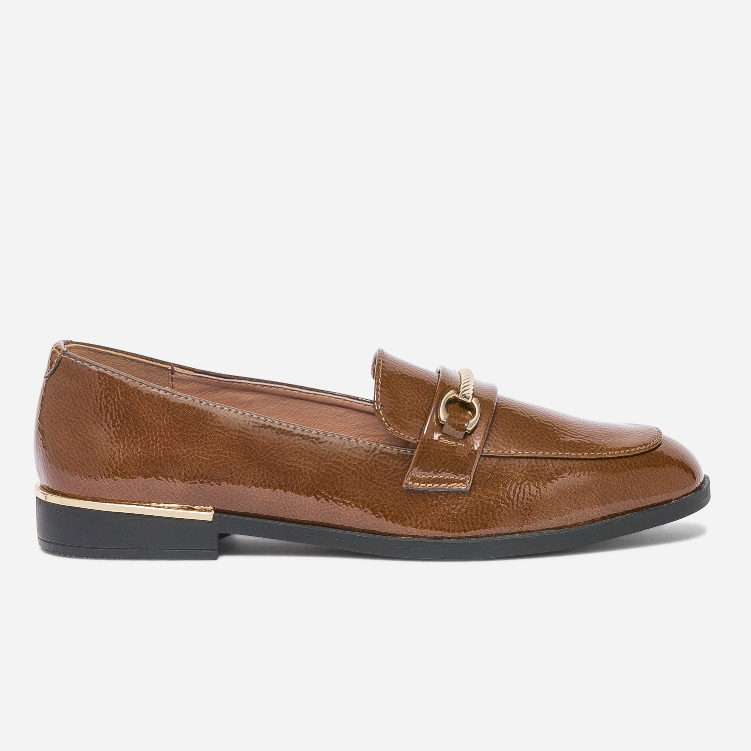 Mocassin cognac verni à barrette dorée