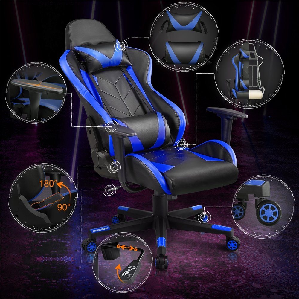 Yaheetech Gaming-Stuhl, Ergonomisches Design mit Kopfstütze und Lendenkissen