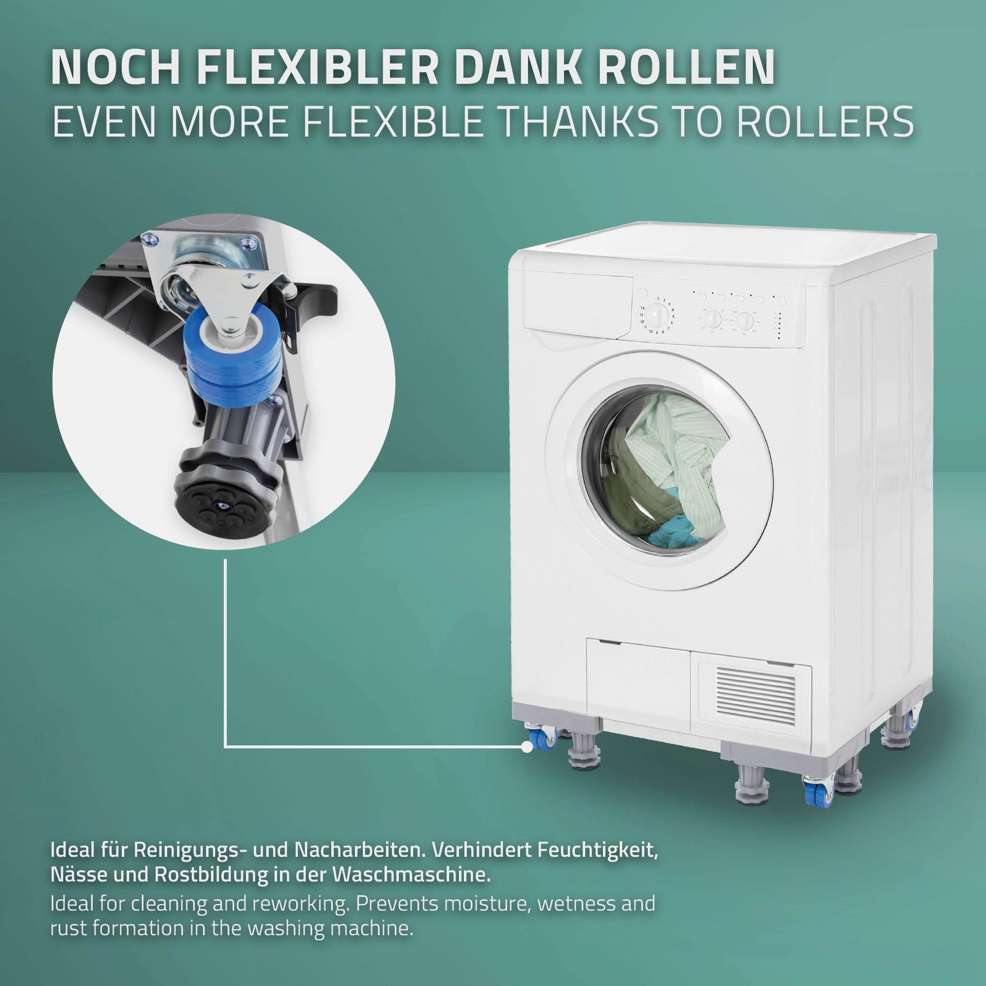 ECD Germany Waschmaschinenuntergestell Waschmaschinen Untergestell Podest rutschfest für Kühlschrank&Trockner, beweglich mit 8 Füßen 4 Räder verstellbar Breite 43-66cm Höhe 10-13cm