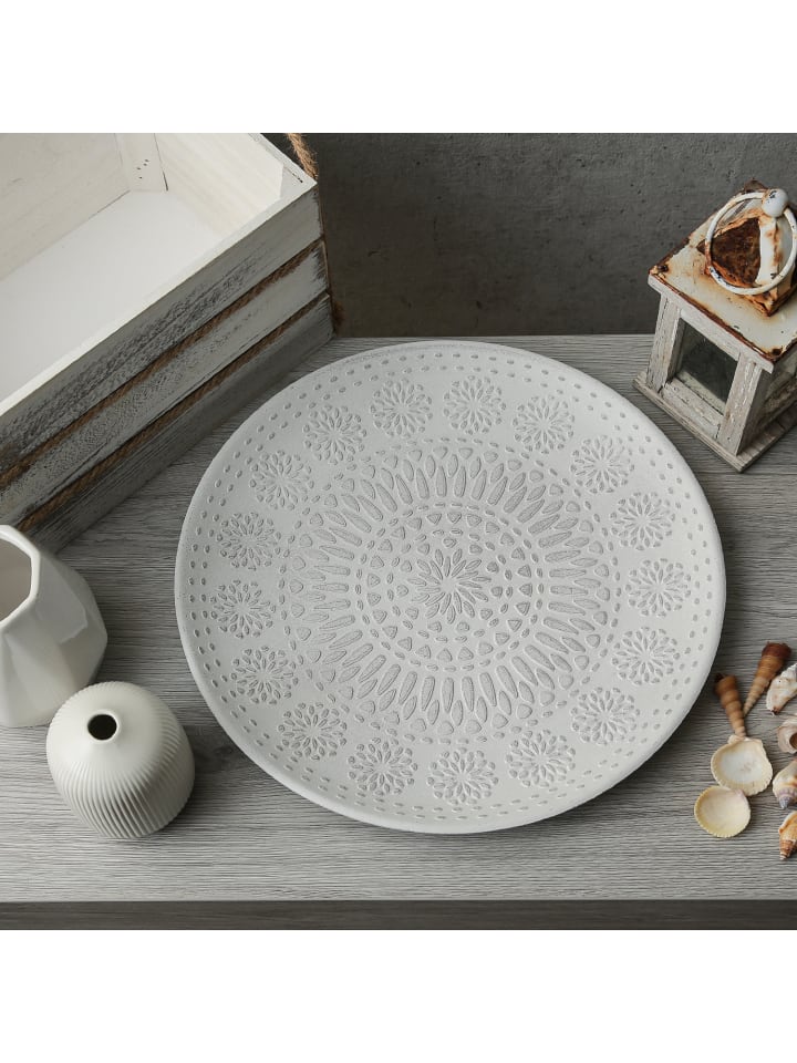 MARELIDA Dekoteller mit Blumenmuster MDF Holz D: 34,5cm in weiß günstig kaufen onesize