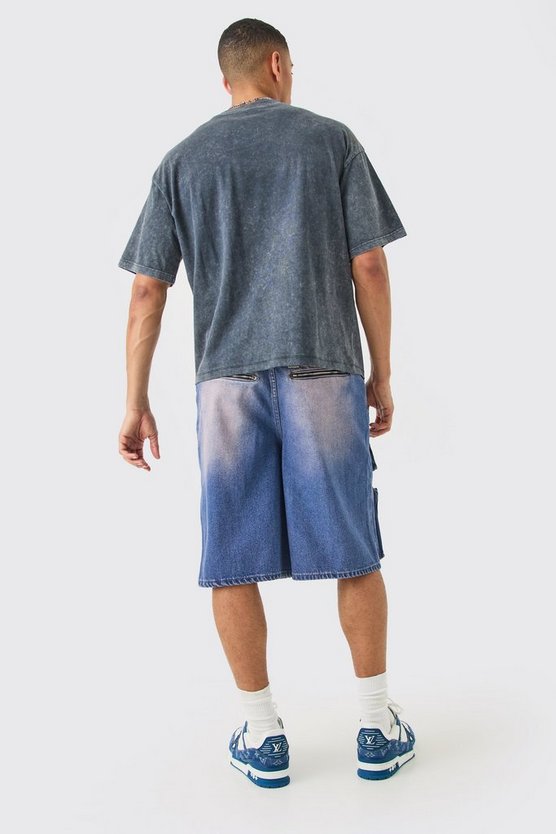 Pinke Denim Jorts mit Cargo-Taschen und Reißverschluss vorne